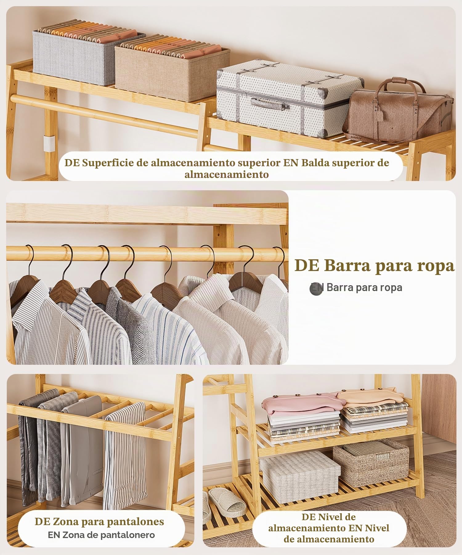 Yorbay Perchero abierto estable de bambú: perchero con 2 barras para colgar ropa, armario independiente con perchas y estantes, perchero multifuncional para dormitorio o pasillo