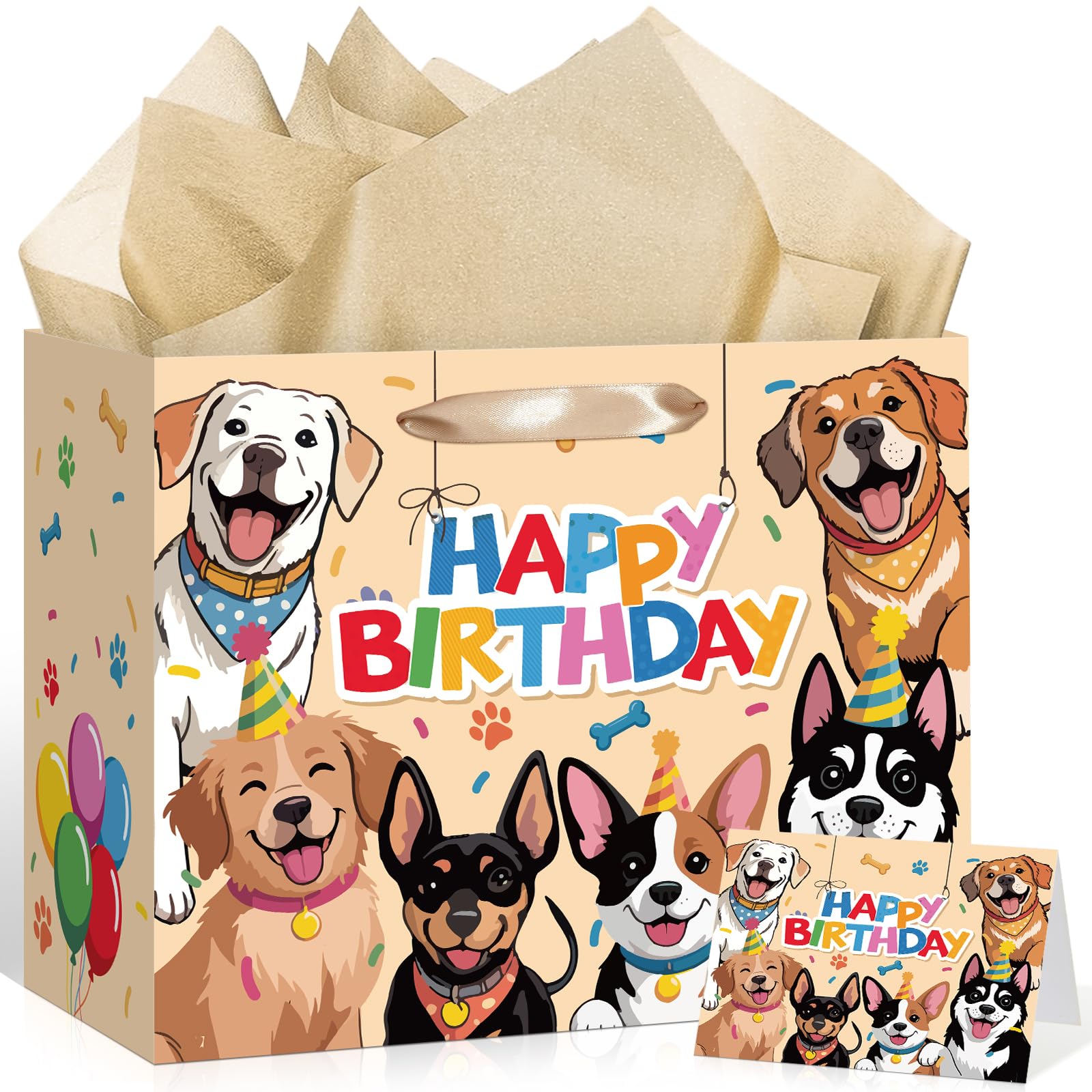 Dog Happy Birthday Gift Bag for Unisex Yellow Puppy Birthday Wrapping Bag with Tissue Paper Gretting Card for Corgi Golden Retriever Kids Boy Girl Dog Lover Bithday Baby Shower Party Decor