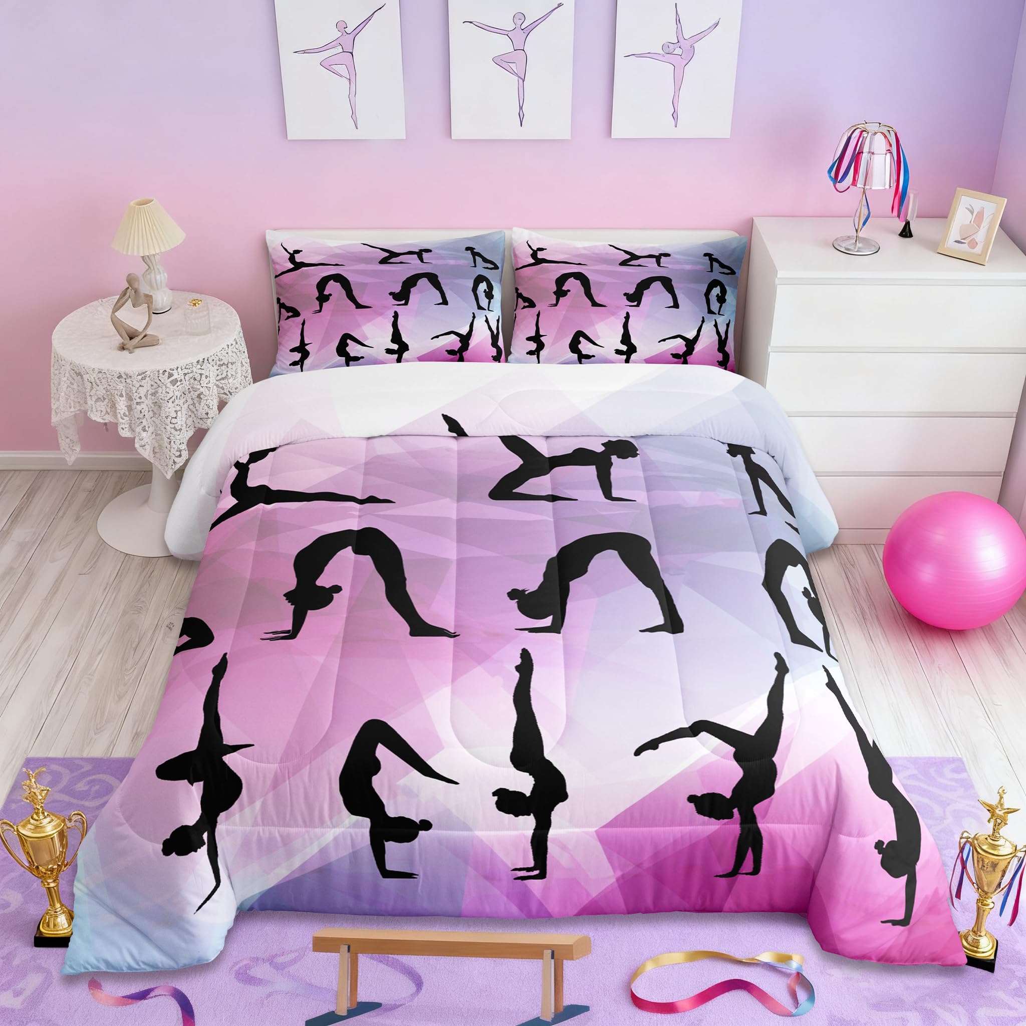 Gymnastics Bedding Set Full Size,Dancing Lover Silhouette Comforter Set 3pcs for Kids Girls Woman Gymnast Room Decor,Cheerleading Sports Quilt Set