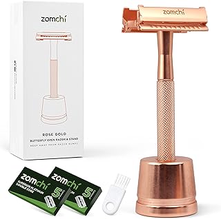 Safety Razor for Women, Butterfly Open Safety Razor with a Razor Stand, Lady Razor with a Texture Handle, Eco Friendly Women Razor, Fits All Double Edge Razor Blades, Free of Plastic (Rose Gold)