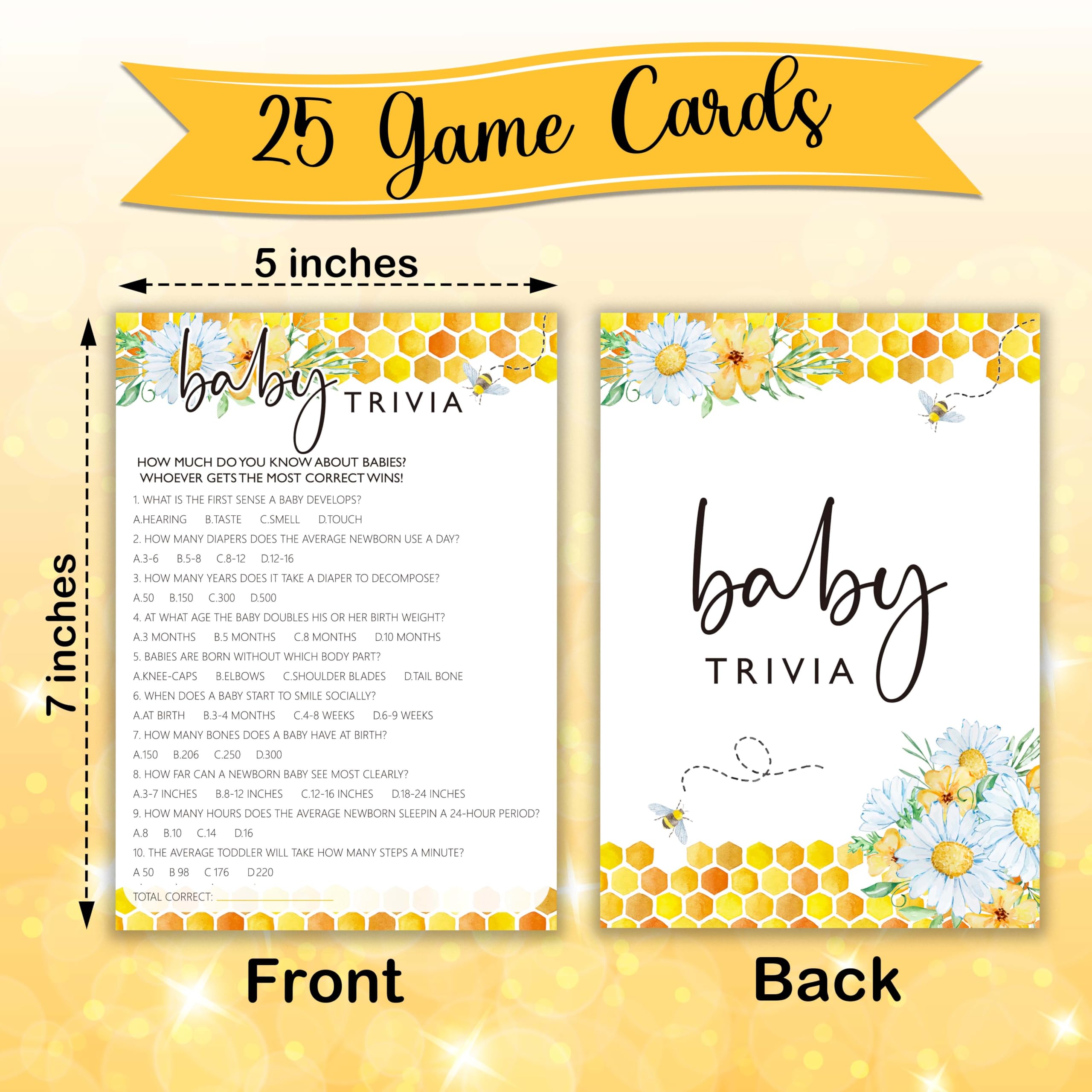 Juegos de abejas para baby shower, juego de trivia para bebés, decoraciones de baby shower de margaritas de verano, suministros de fiesta de género neutro y regalo, 5 x 7 pulgadas y juego de 25