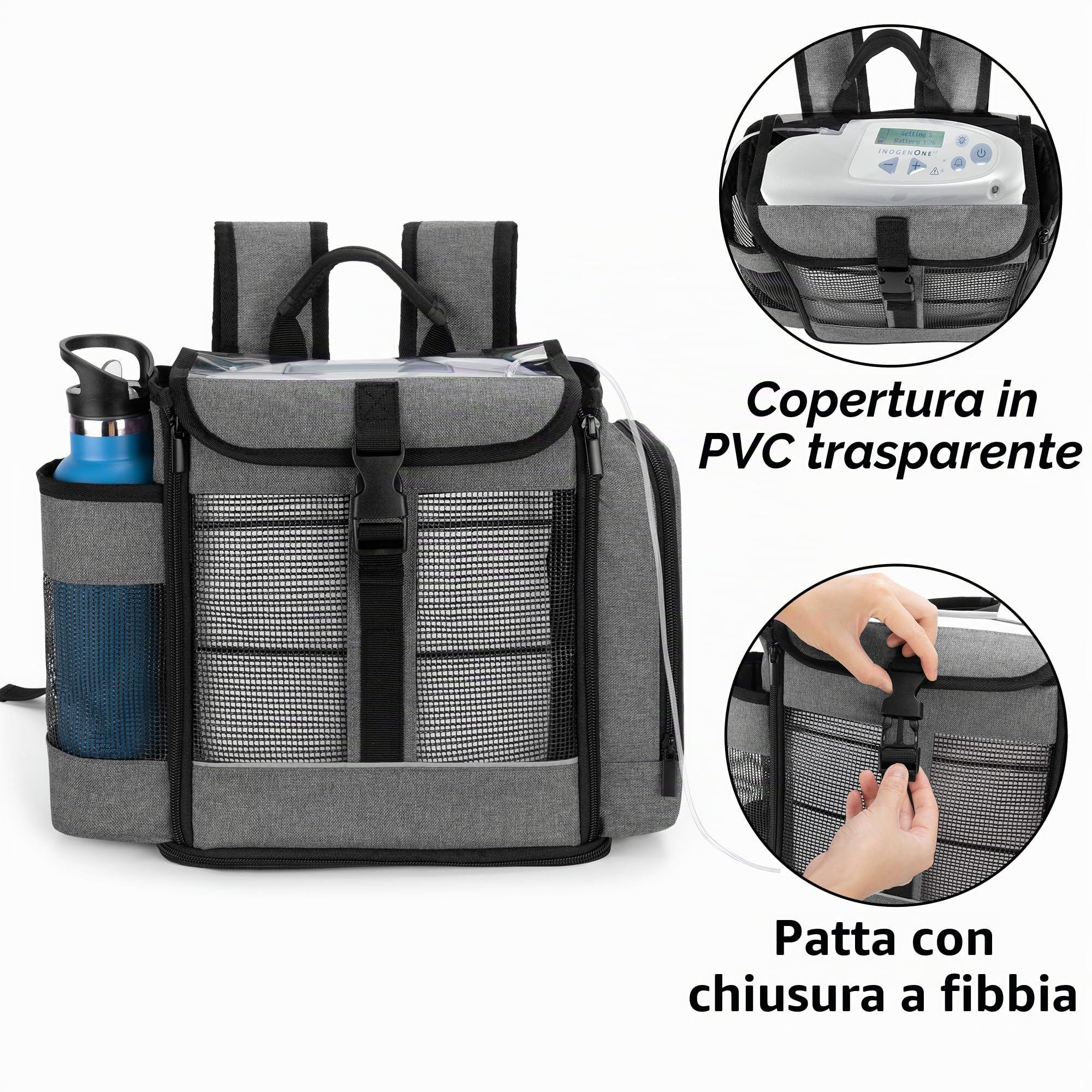 CURMIO Borsa da viaggio per concentratori di ossigeno portatili, compatibile con Inogen One, Oxygo, unità Caire, SimplyGo Mini, borsa da viaggio POC per macchina e accessori, Grigio | Zaino da Viaggio per POC, Rete Traspirante, Apertura sul Fondo, Compati