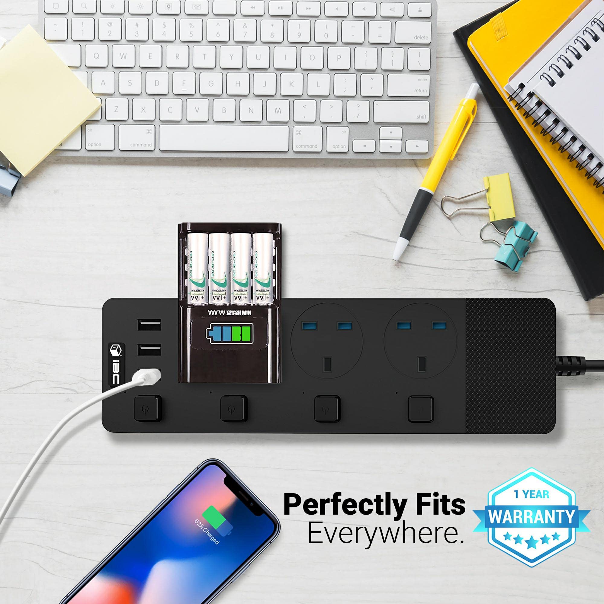 iBlockCube Extension Lead with 3 USB Slots 2 Meter Cable Cord Power