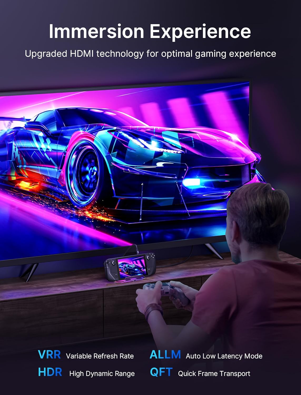 Steam Deck docked to a TV via JSAUX HB1201S, showcasing enhanced gaming features like VRR and HDR