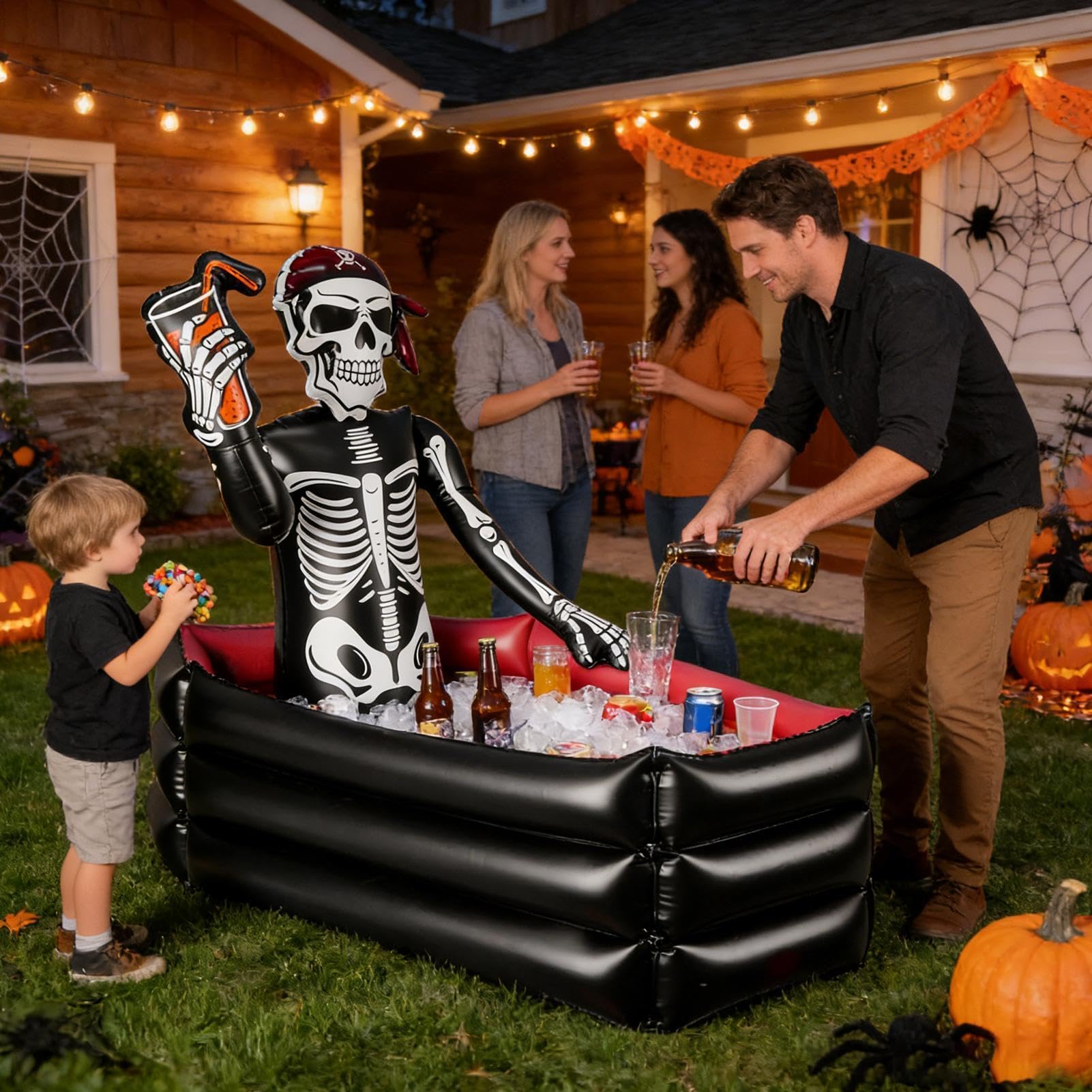 Halloween Aufblasbarer Kühler - 35 Zoll Schädel Sarg Eiskübel | Party Decor Große Kapazität Getränkehalter mit Skelett | Indoor Outdoor Garten Terrasse Pool Kühler 1000g 90x60x90cm Wiederverwendbar