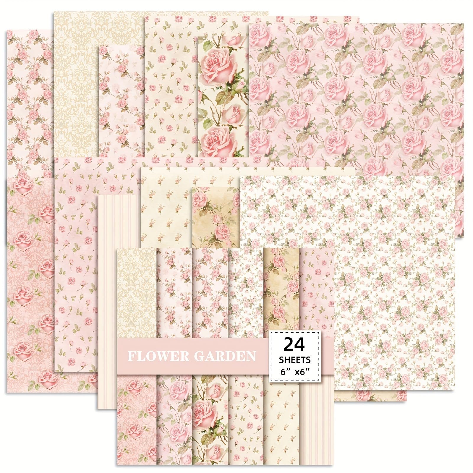 BRTNUP 24 Sheets Scrapbook Paper, 6" x 6" Pink White Floral Garden Series Scrapbooking Paper Pads Decoupage Paper Sheets for DIY Scrapbooking Card Making Decoupage & Art Journaling Supplies — image 1