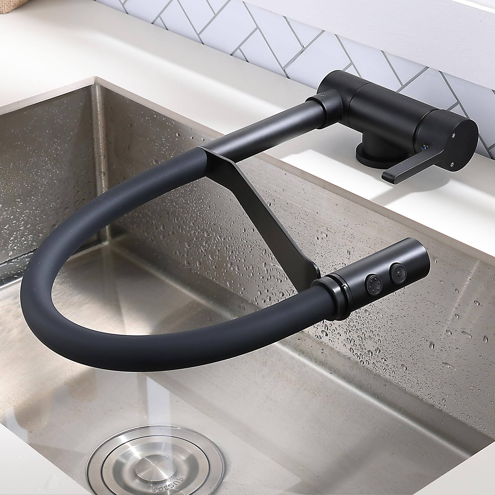 ZYCHSJXA Folding Kitchen Tap with Spray Head 2 Modes Mixer Taps 1 Hole 360° Swivel Faucet Black
