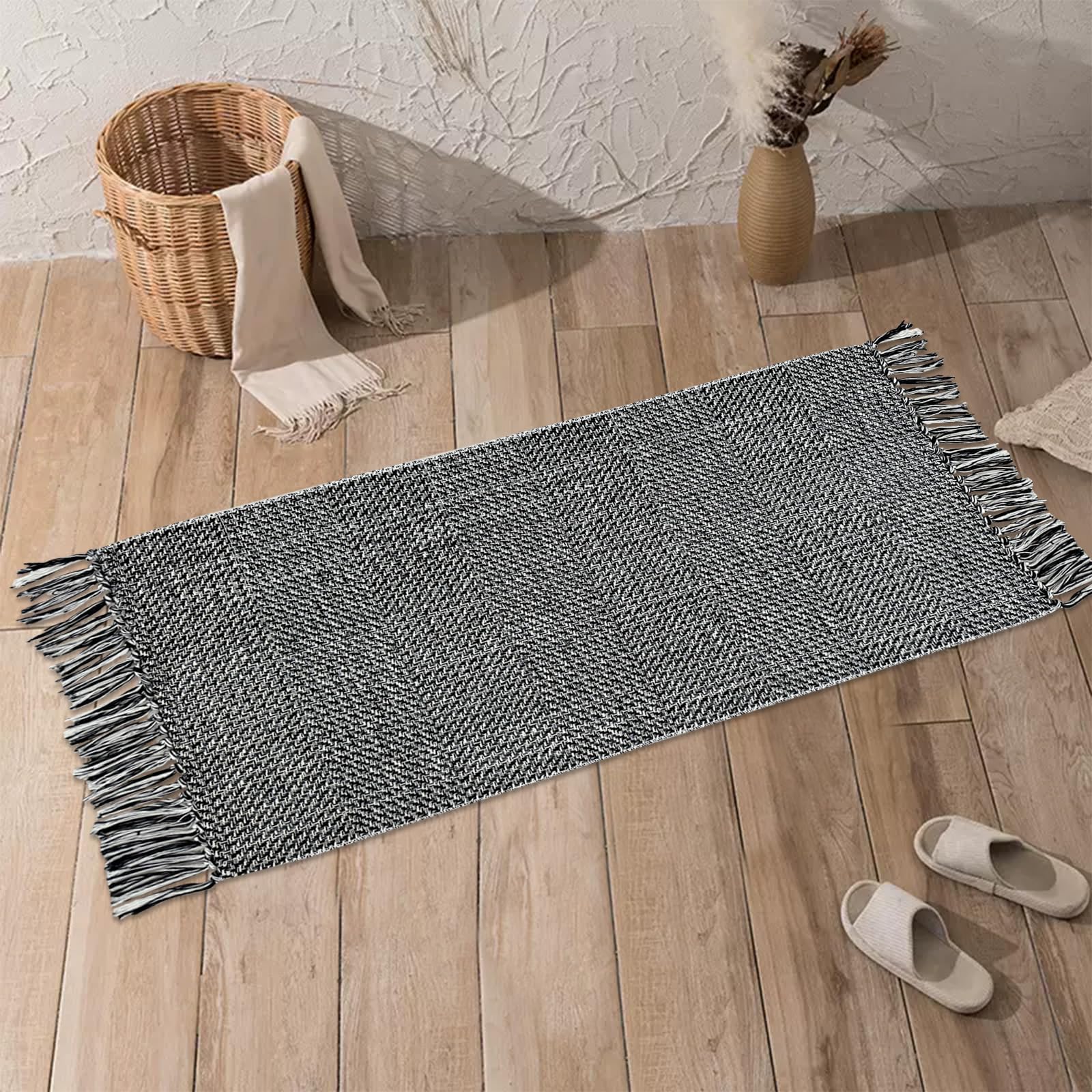 USTIDE Hand Woven Natural Farmhouse Area Rug Cream Brown Reversible Area Rug Soft Cotton Floor Mat Porch Entryway Rug,Long Hallway Runner Rug,60x130cm - Image 2