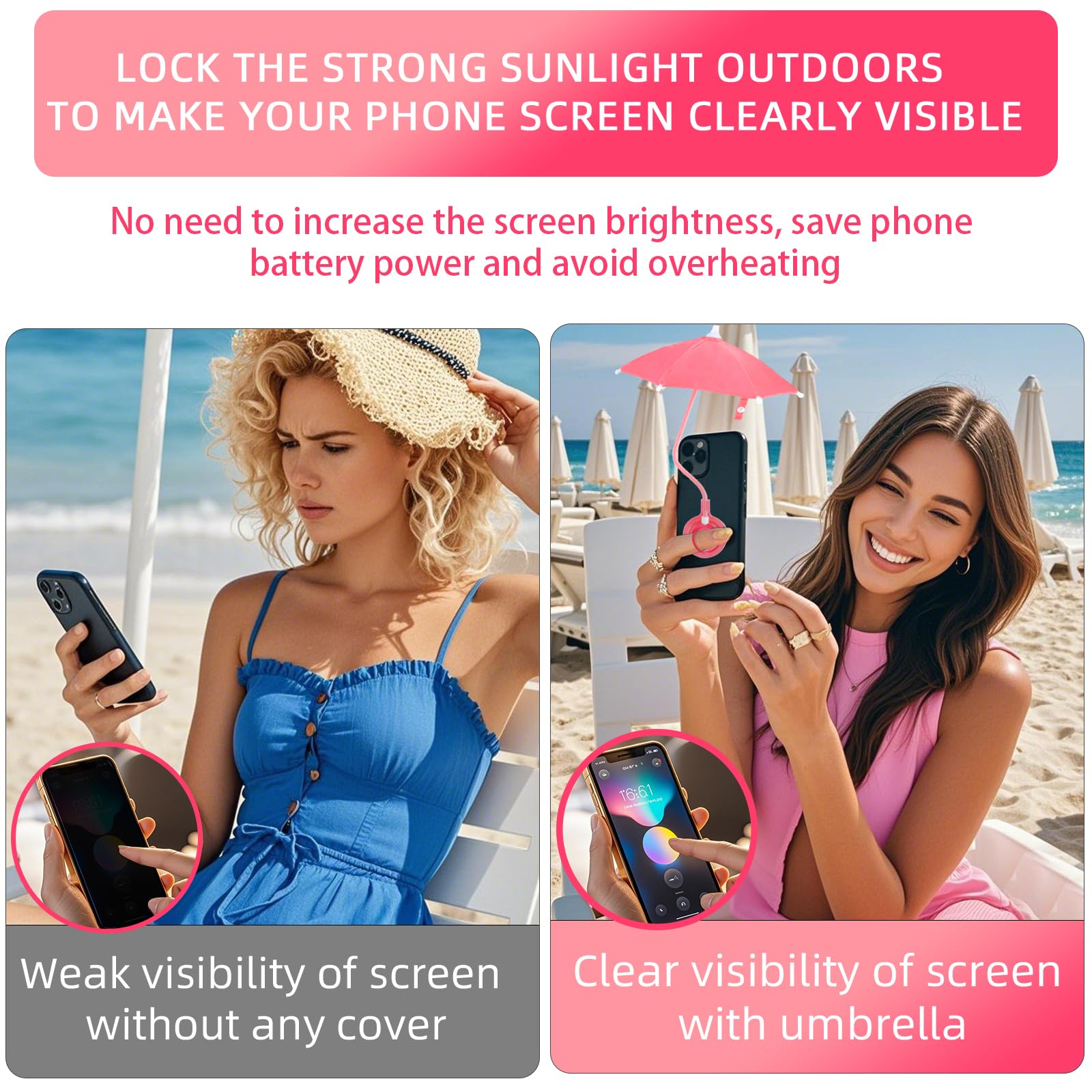 Magnétique Parapluie de Téléphone, Réglable Pare-Soleil pour Téléphone Portable pour iPhone 16/15/14/13/12 et Appareils Android Non Magnétiques (Rose)