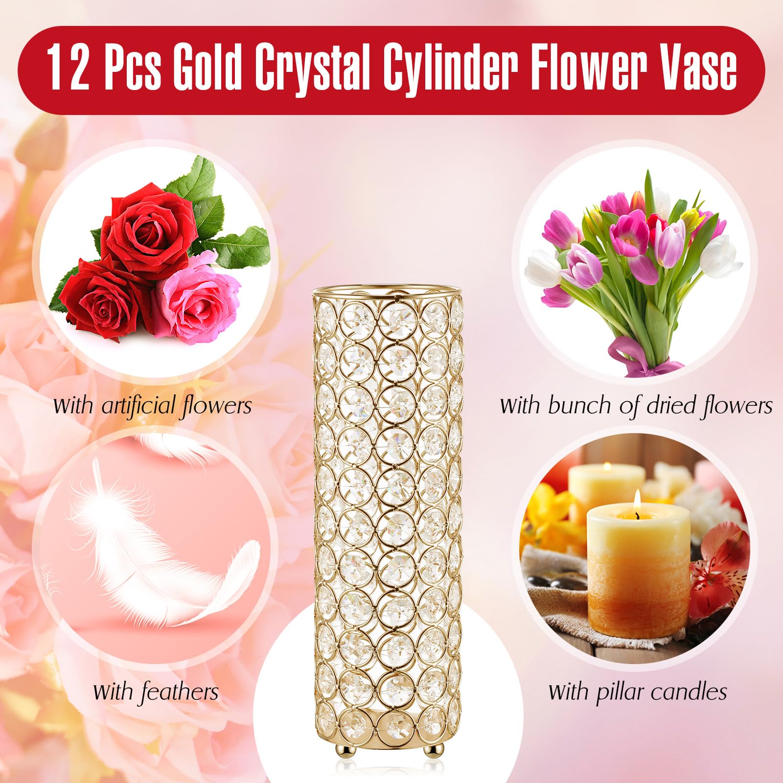 Tioncy 12 Pack Gold Crystal Vase 10.2 x 3.14 Inch Cylinder Crystal Tealight Candle Holders Gold