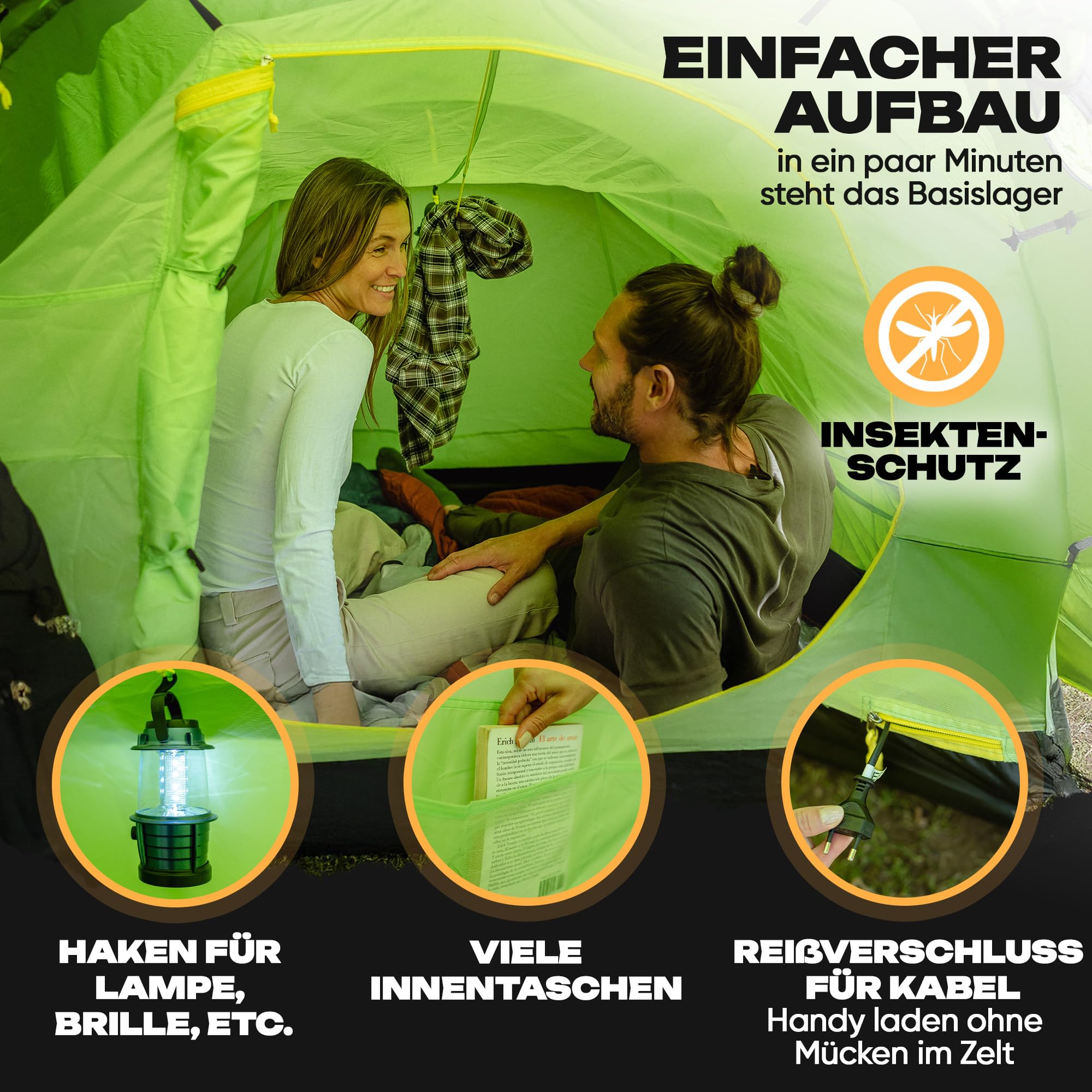 Tienda de campaña impermeable para 2 y 4 personas, tienda de campaña tipo túnel con toldo y protección contra mosquitos, tienda de campaña familiar ligera y estable, montaje rápido, tienda