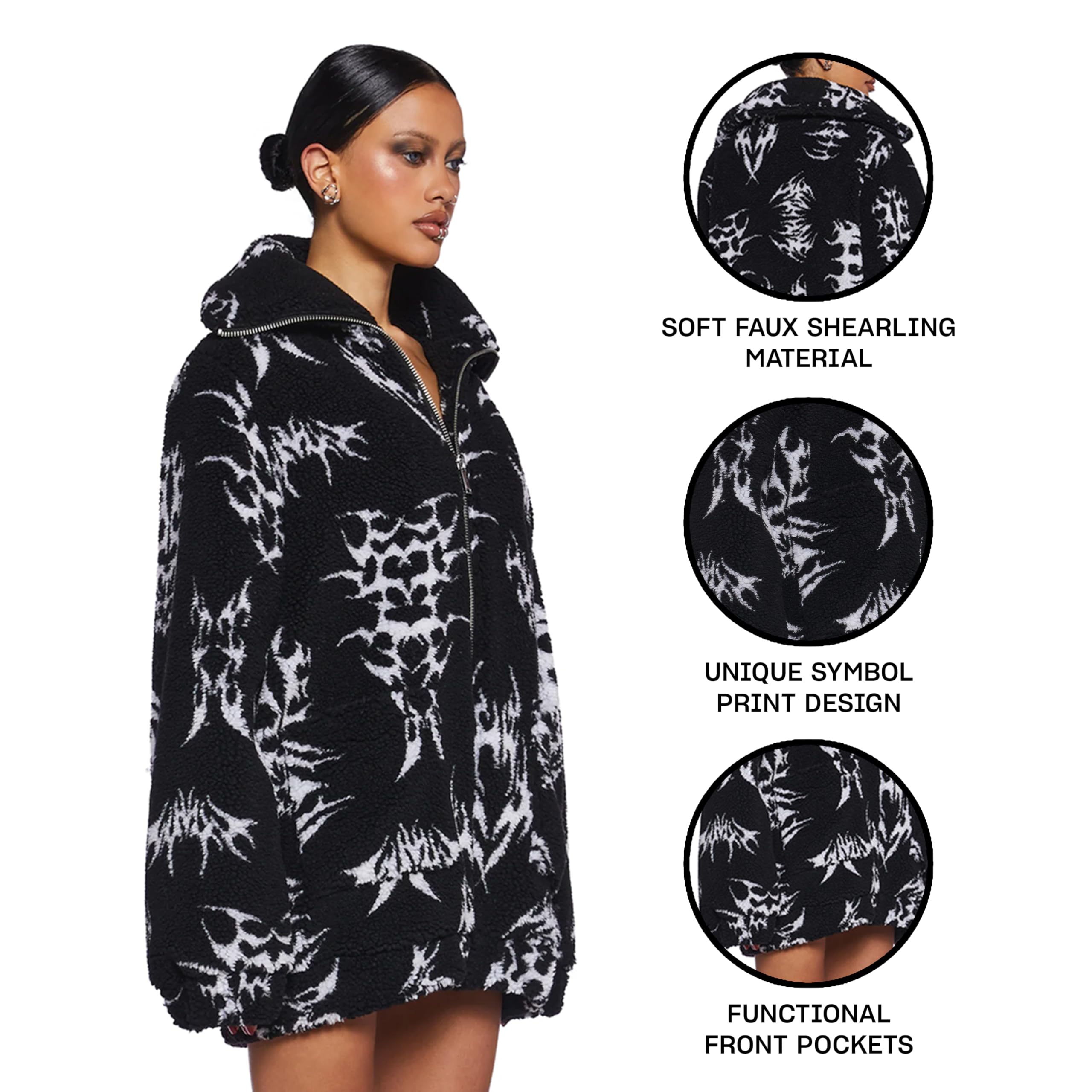 Dolls Kill Ciphered Up Sherpa Jacket by Club Exx - Oversized Symbol Print Faux Shearling Jacket - Black