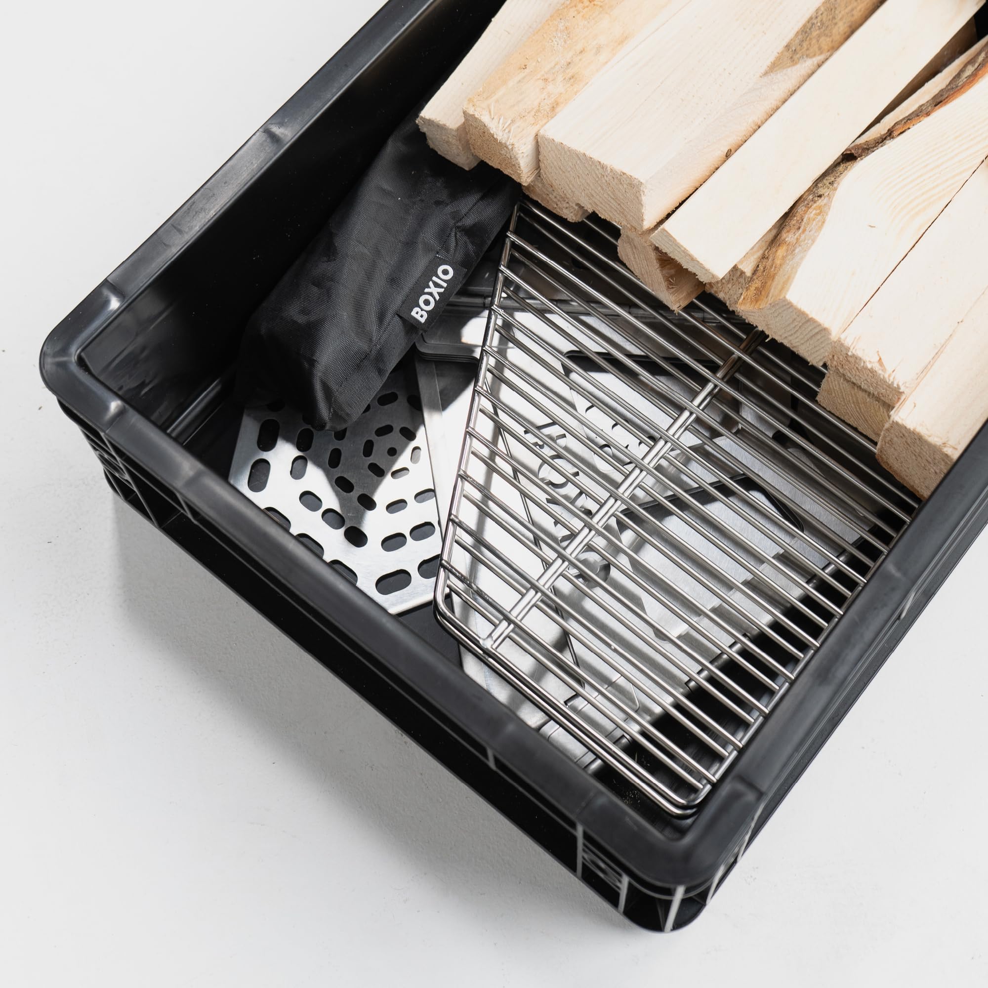 BOXIO - FIRE BUNDLE: braciere in acciaio inox con griglia e tre zampe – braciere ottagono per esterni e campeggio, piccolo braciere con parascintille, set di mini braciere per giardino e falò