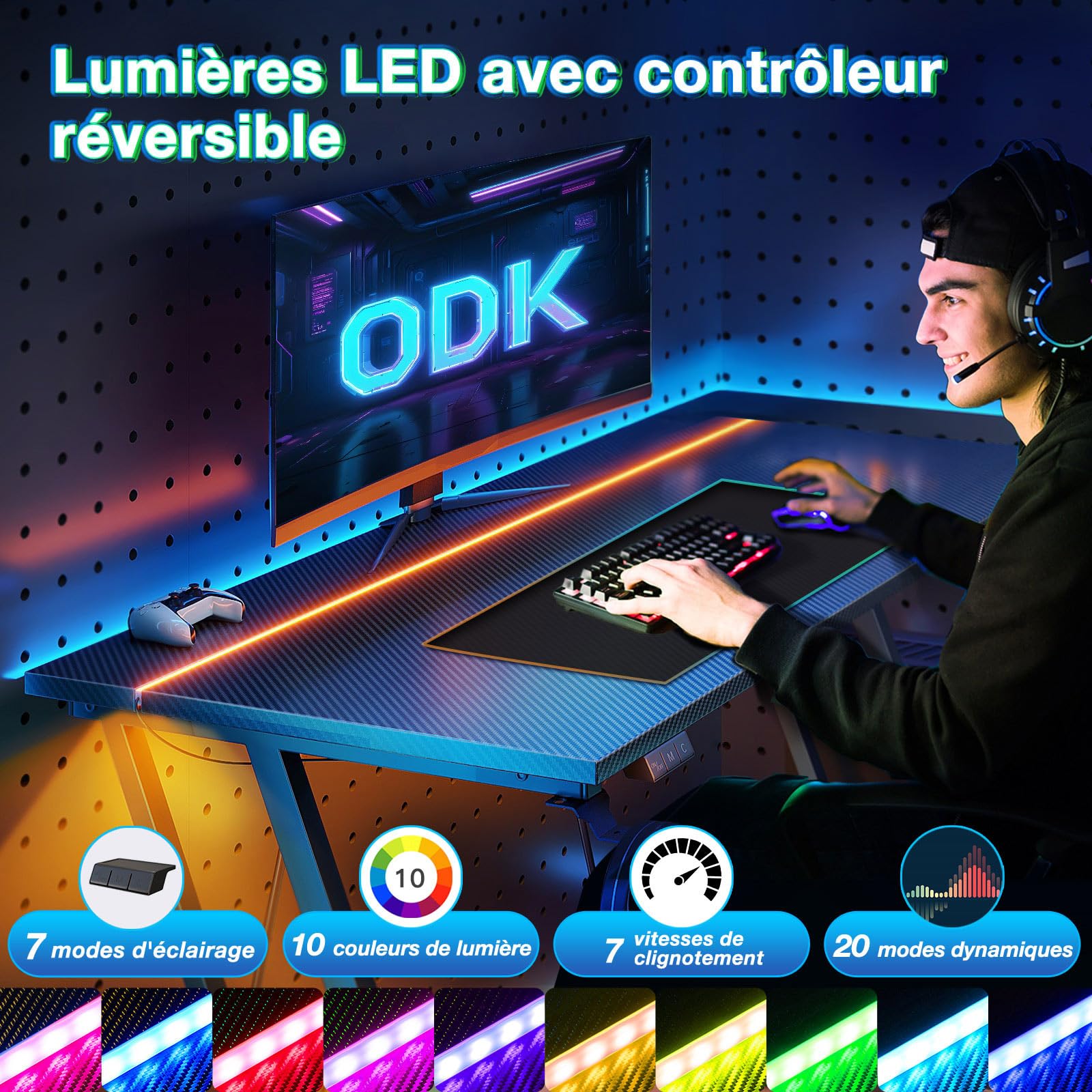 ODK Bureau Gaming LED, 80 x 50 cm Bureau Gamer, Table Gaming avec Porte-Gobelet et Crochet pour Casque D'écoute, Fibre de Carbone Noir