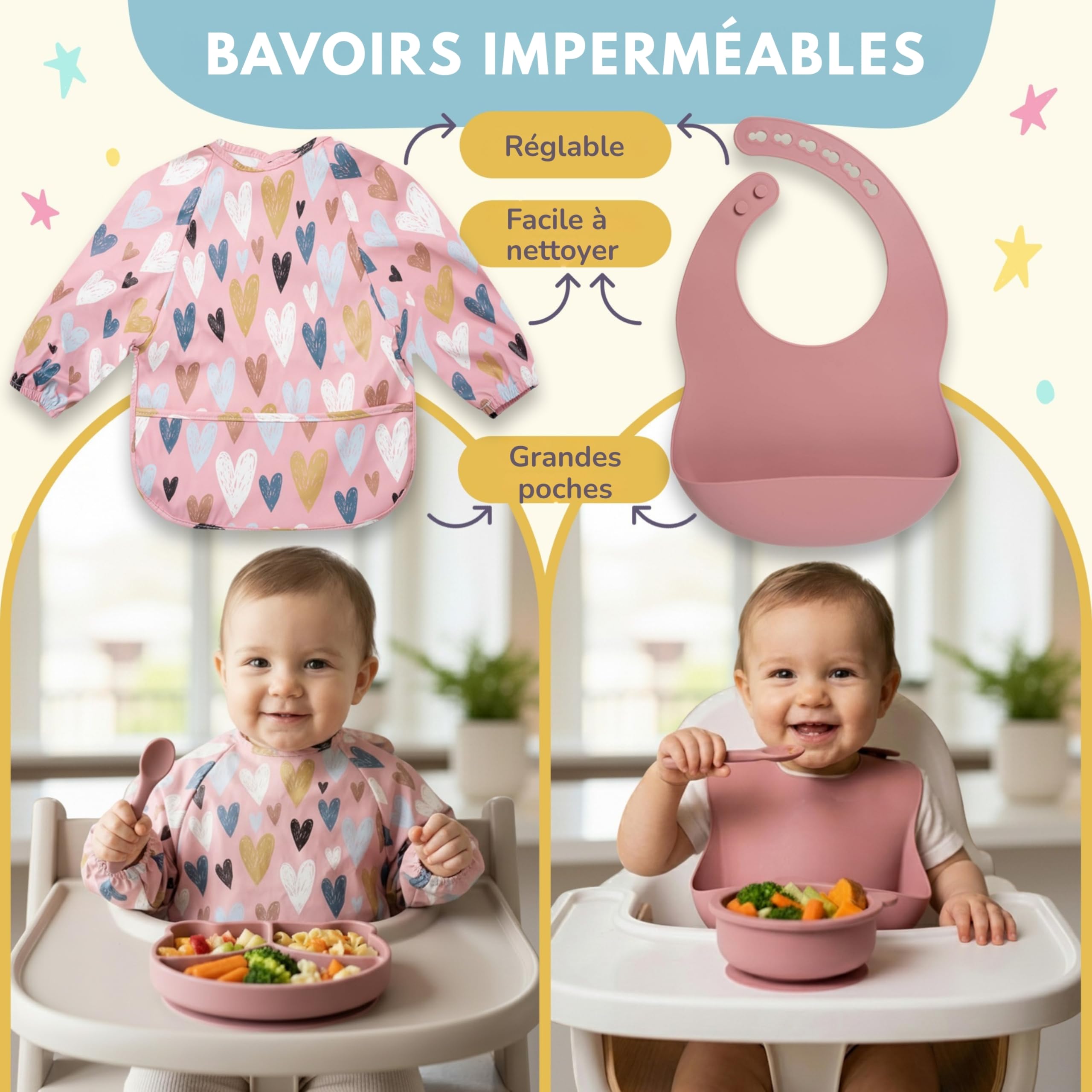 Coffret Repas Bébé en Silicone 12 Pièces | Assiette à Ventouse + Bol + Tasse 3en1 + Couverts + Bavoirs Imperméables + Tétine Grignoteuse | Sans BPA | Compatible Micro-ondes et Lave-vaisselle