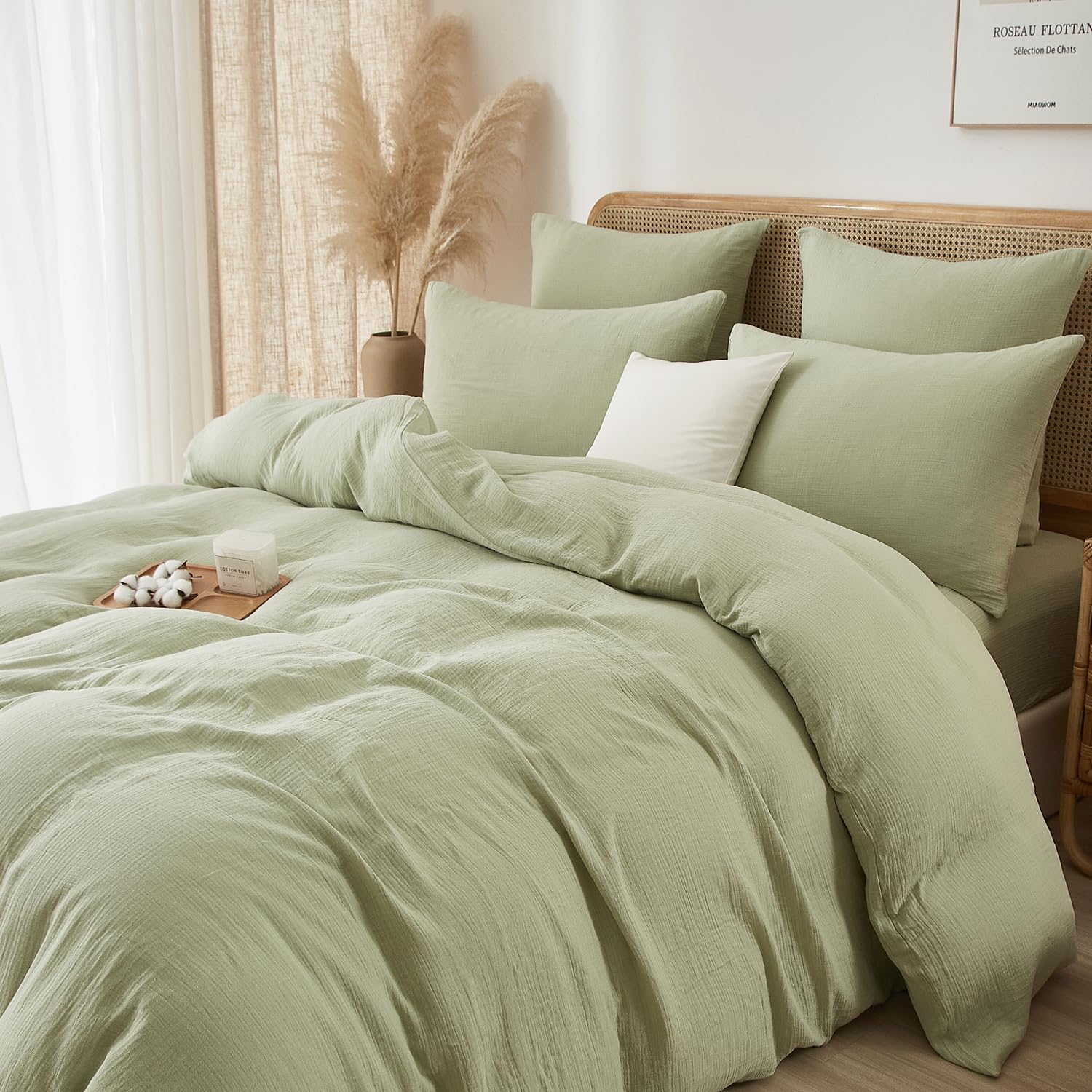Housse de couette gaze de coton 220x240 vert sauge parure de lit 2 personnes zipp&eacute;e