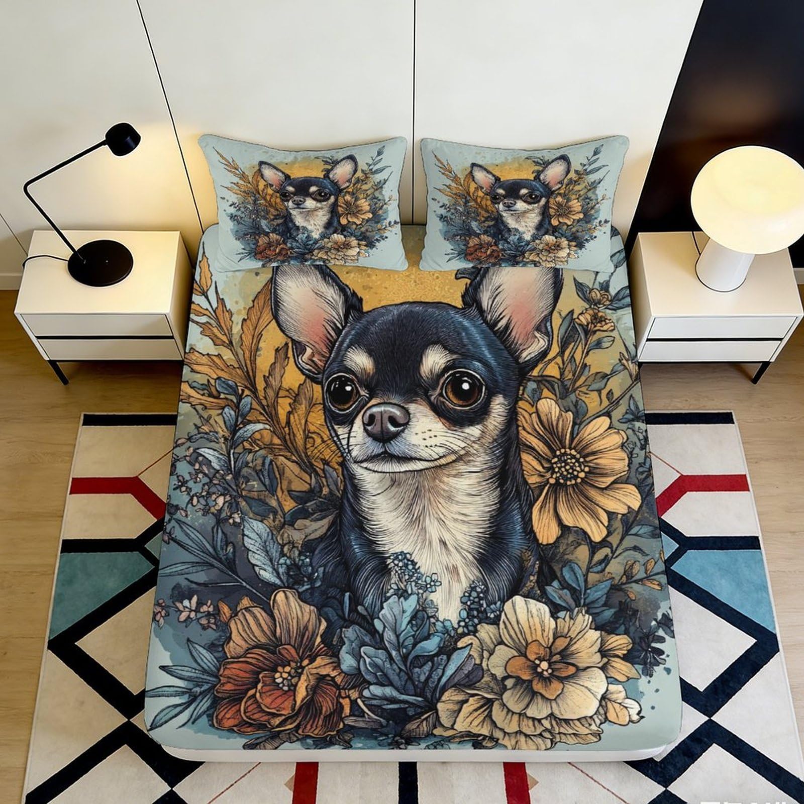 3D Printed Chihuahua Floral Fitted Sheet Microfiber Soft Anti-Slip Mattress Cover for Bedroom Dorm Guest Room Decor 90x200x25cm