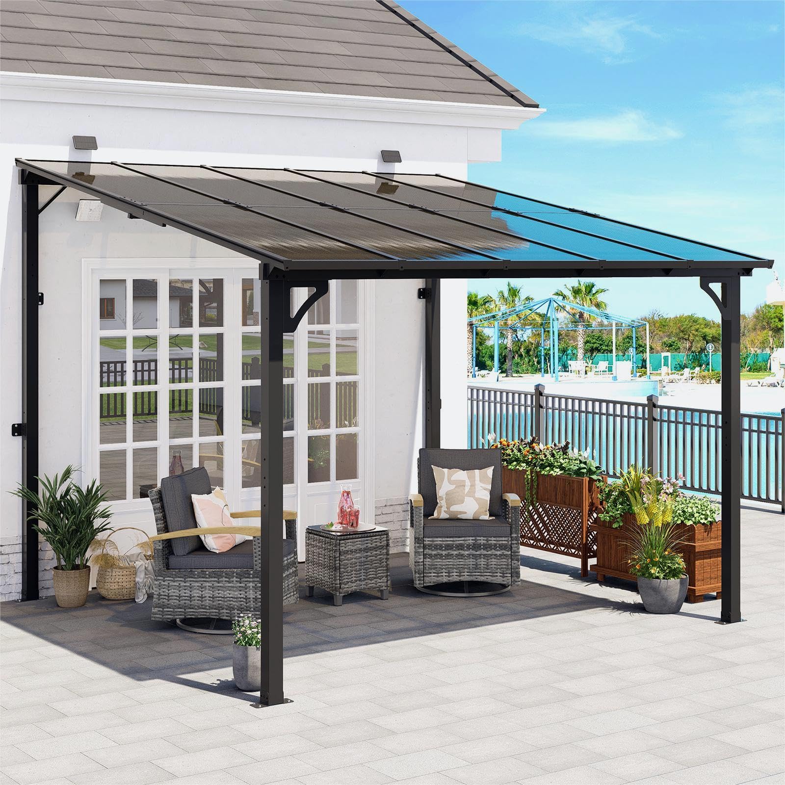 MEISSALIVVE 10' x 10' Wall Mounted Lean to Metal Gazebo with Sloped Roof - Black