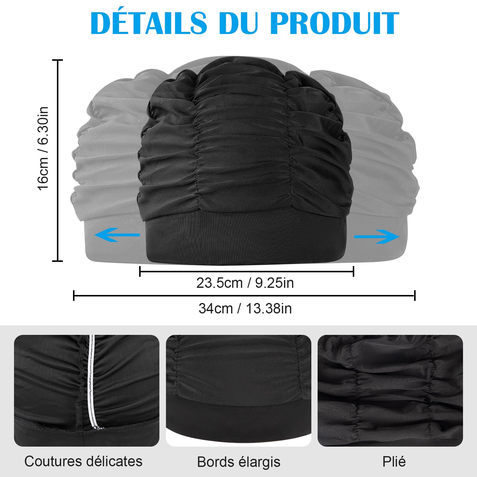 Kiiwah 2 Pièces Bonnets de Bain Élastique, Bonnet de Natation en Tissu Polyester Confortable, Cagoule Piscine Élégante pour Cheveux Longs Femme Homme Enfant