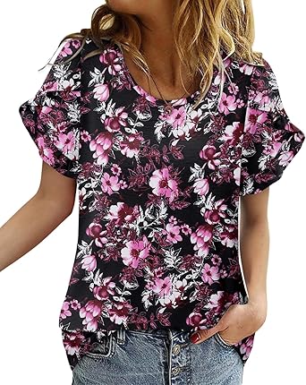 CRAZY GRID Women's Shirts Summer Casual Crewneck Ruffle Short Sleeve Blouses Cute Floral Print Tunic Tops