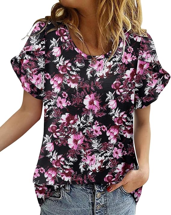 CRAZY GRID Women's Shirts Summer Casual Crewneck Ruffle Short Sleeve Blouses Cute Floral Print Tunic Tops