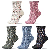 kikiya socks Women Crew Socks | 5-6 Pairs Flower Graphic Print Rainbow Tube Striped Design Polka Dot Leopard Pattern Cotton Socks | US 6-8