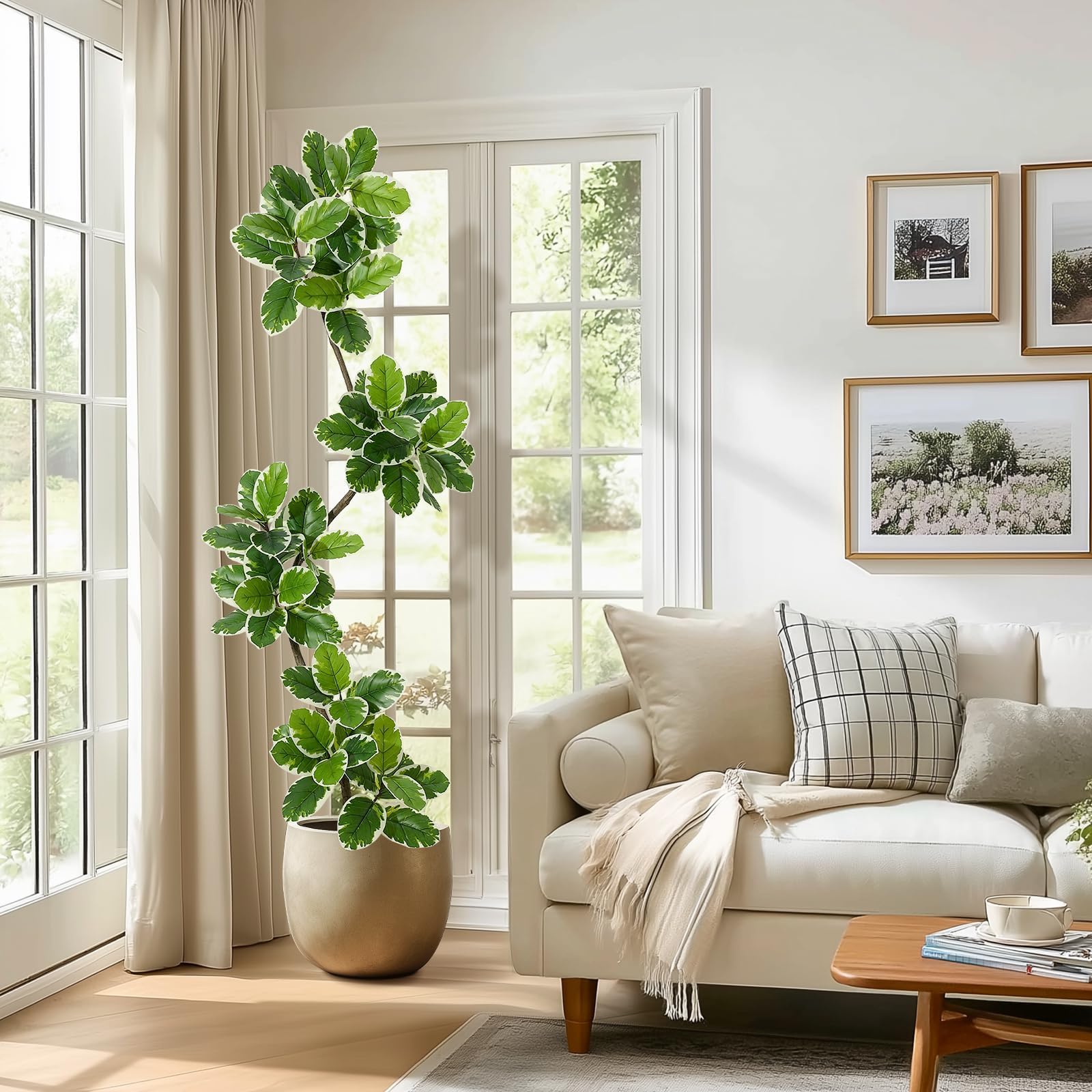 Pianta Finta Ficus Lyrata Variegata Alta - Pianta Decorativa Interna Realistica con Vaso Ceramica, Pianta Artificiale Senza Manutenzione per Arredamento Salotto, Camera o Ufficio