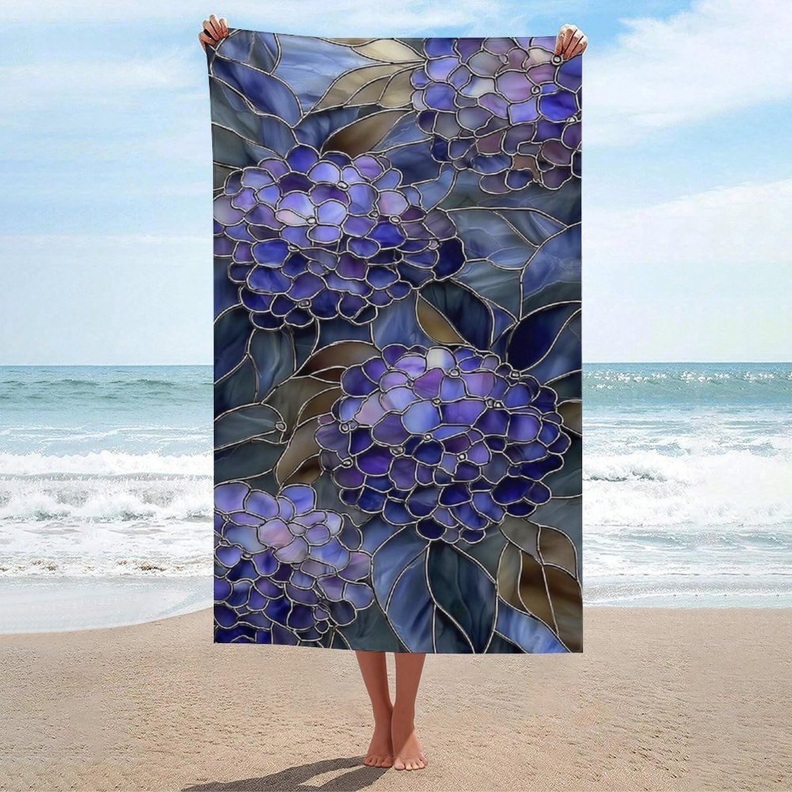LSRCPD Luxurious Stained Glass Floral Hydrangea Beach Towel Sand Free Microfiber Large Shower Towels Multipurpose Absorbent for Bathroom Pool 130x80 CM