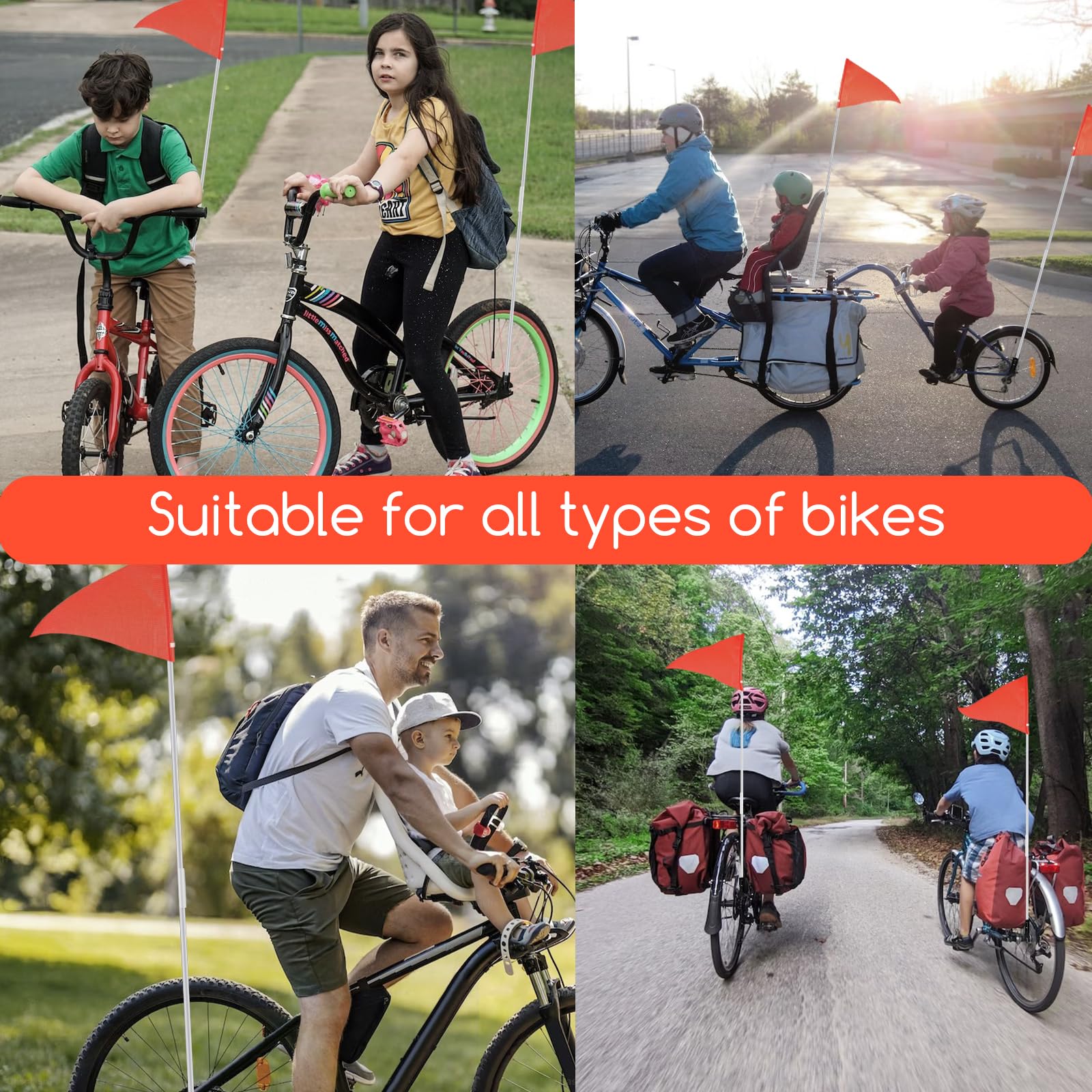 Bandera de seguridad para bicicleta de 6 pies con poste y soporte de montaje, banderas de seguridad ajustables de alta visibilidad impermeables para remolques de bicicleta para niños, adultos (juego