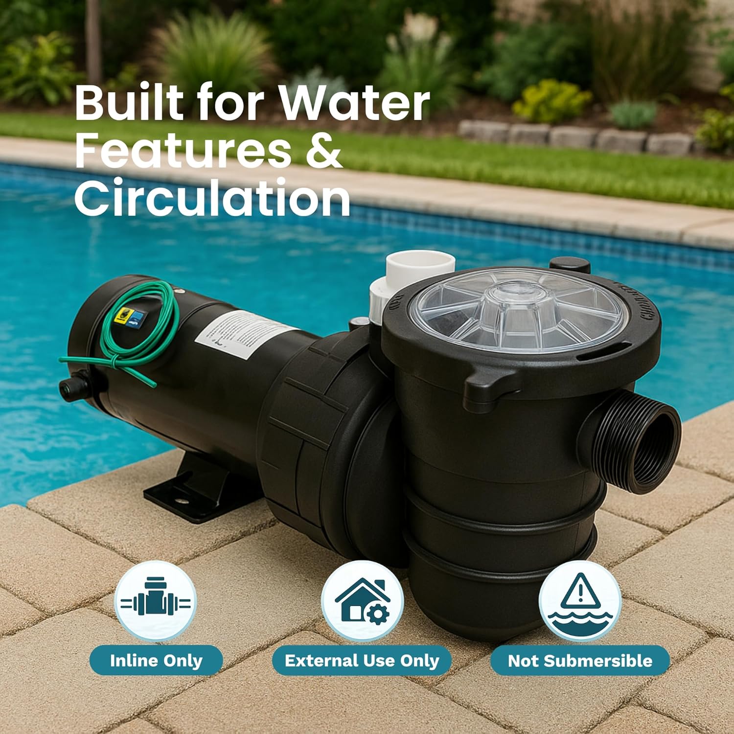 HALF OFF PONDS 1.5 HP 5,500 GPH Above Ground Pool Pump with Strainer Basket – Energy Efficient Inline Water Pump for Swimming Pools, Spas, Waterfalls, Ponds, 120V