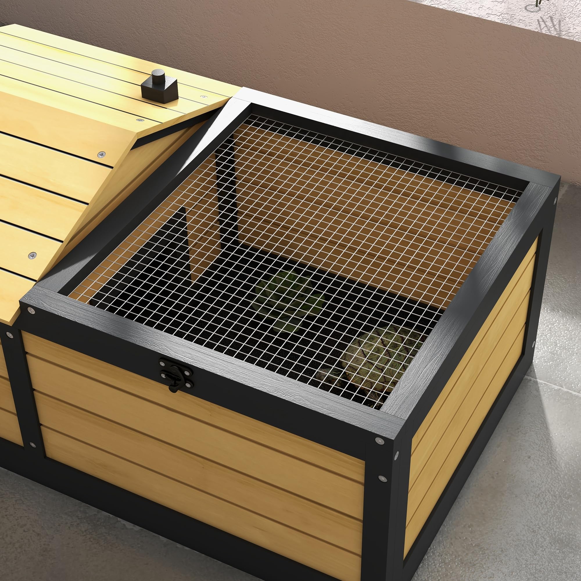 PawHut Casetta in legno per tartarughe, per piccoli animali domestici, rettili con nascondiglio per rifugio, parte superiore apribile, vassoio, casa per tartarughe, per interni ed esterni, giallo