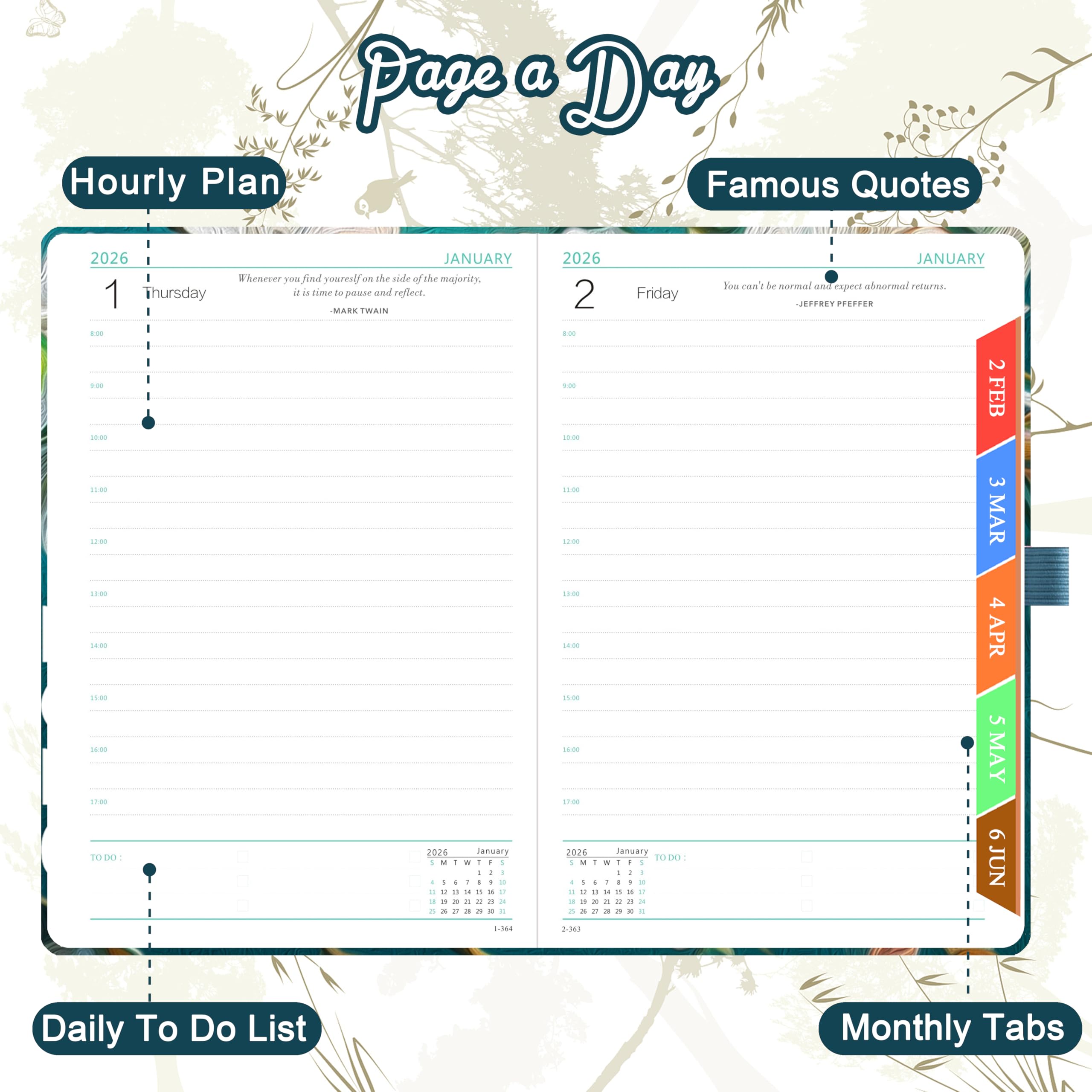 ZXHQ 2026 Diary Page a Day A5, Jan - Dec, with Colorful Tabs, UK