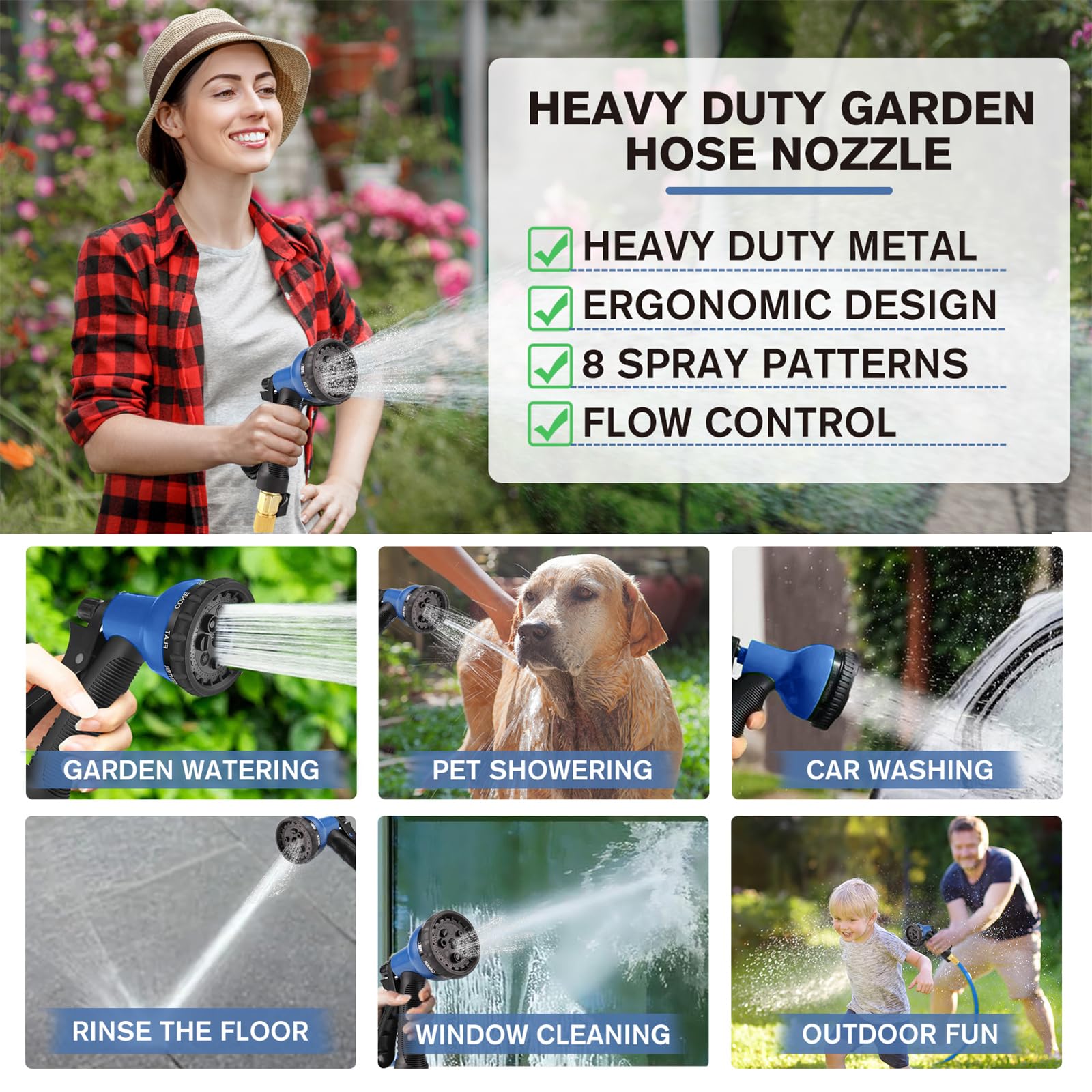 LINGKY Tubo Estensibile da Giardino 60 Metri, Tubo Acqua Giardino per Irrigazione con Raccordi in Ottone da 1/2" e 3/4", Lattice a 3 Strati Resistente, Senza Pieghe, 8 Modalità di Spruzzo