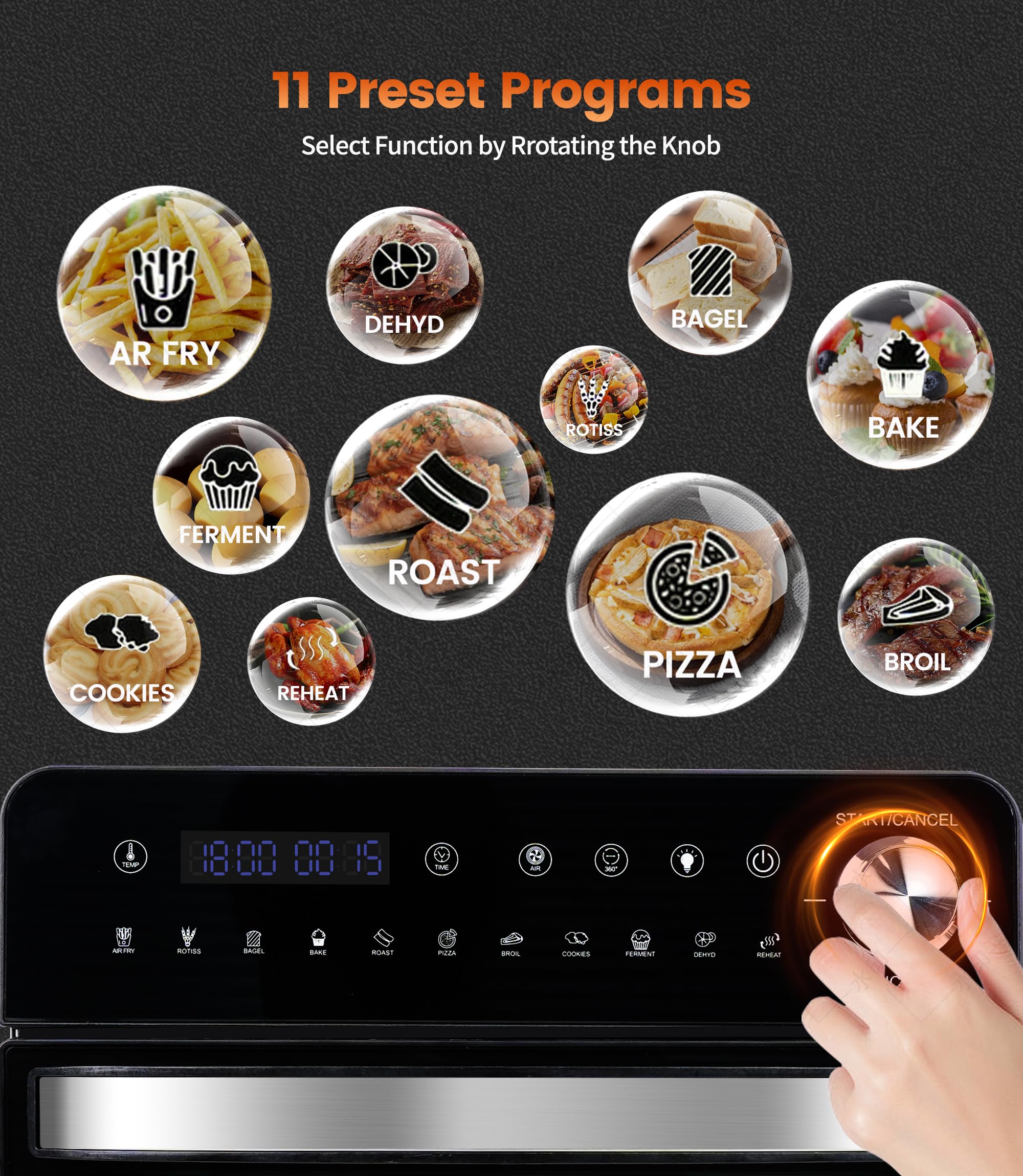Forno Friggitrice Ad Aria Calda 14L, Emphsism Air fryer Fornetto Elettrico con 11 Programmi Preimpostati, 1800W Friggitrice ad Aria Senza Olio con Schermo, Mini Forno Inclusi Ricettario e 4 Accessori