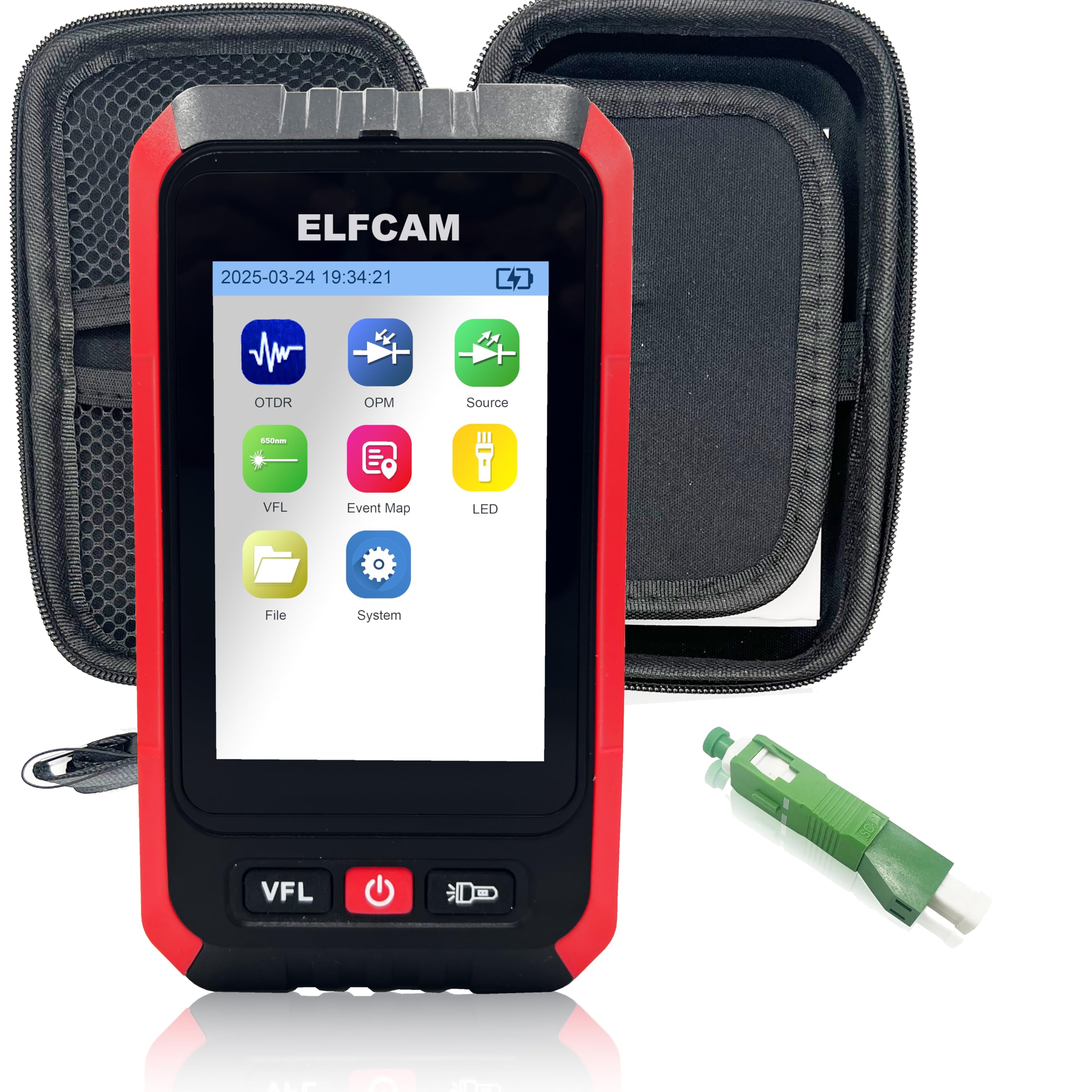Elfcam - Mini OTDR Monomode 1310nm/1550nm, 22dB/20dB, Jusqu’à 60km, avec Photomètre/Multimètre Optique et VFL, La Livraison avec L' Adaptateur SC/APC Mâle à LC/APC Femelle