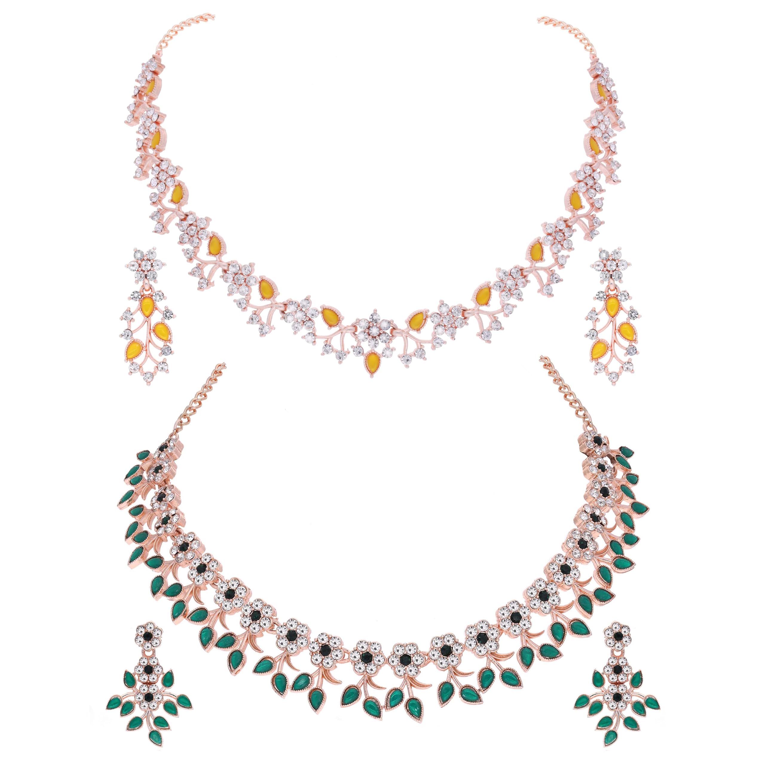 Brado Jewellery AD Stone Studded Rose Gold Polished Jewellry Choker Necklace Set Collection With Matching Pair of Earring (Yellow & Green) (B0D97MGRZ6) Amazon Price History, Amazon Price Tracker