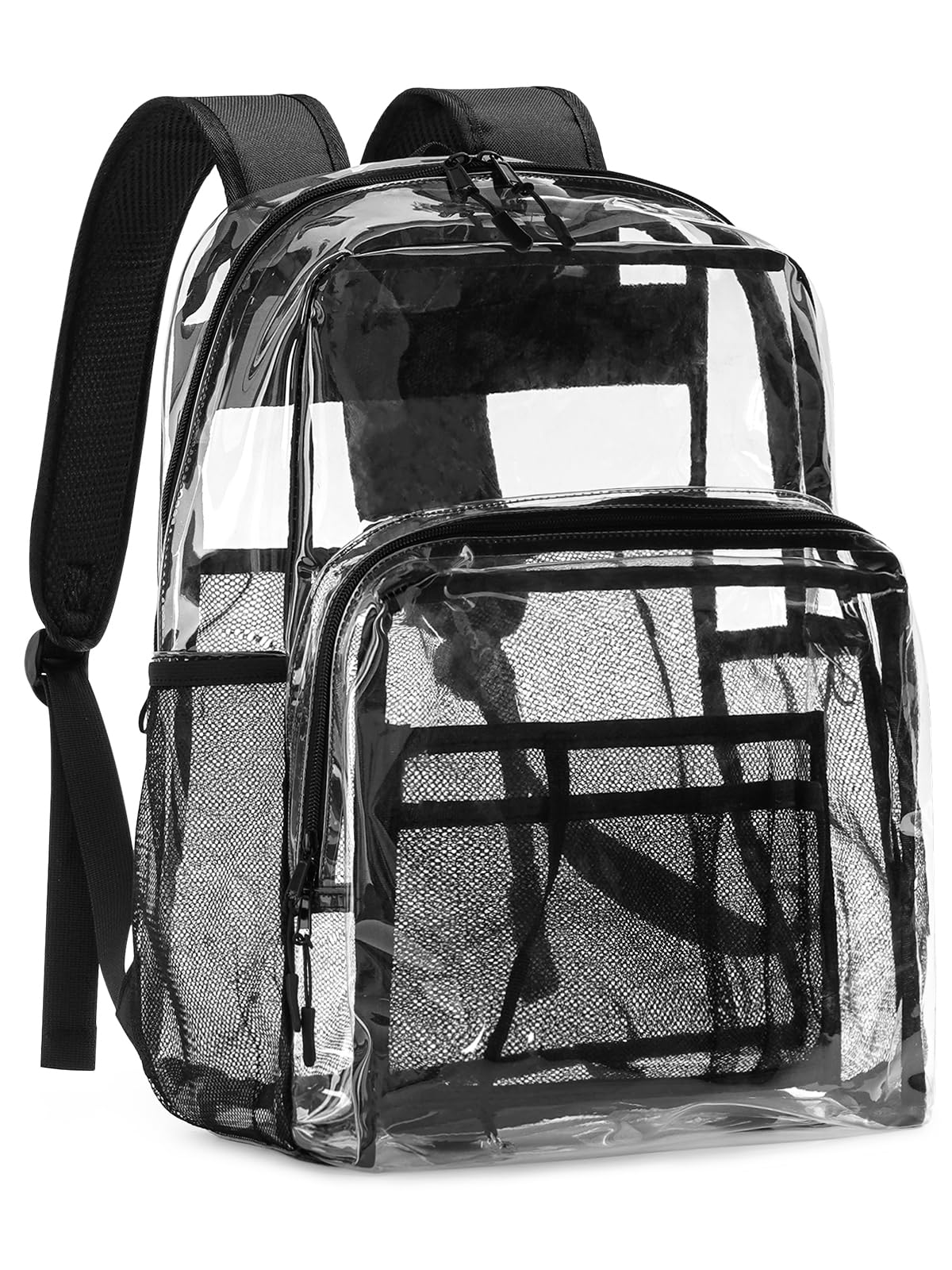 Flowston Clear Backpack Heavy Duty, 17 Inch Large TPU Clear Bookbag for Boys Girls Adult, See Through Book Bag Transparent Backpacks with Multiple Pockets for School College Work Casual Sport, Black