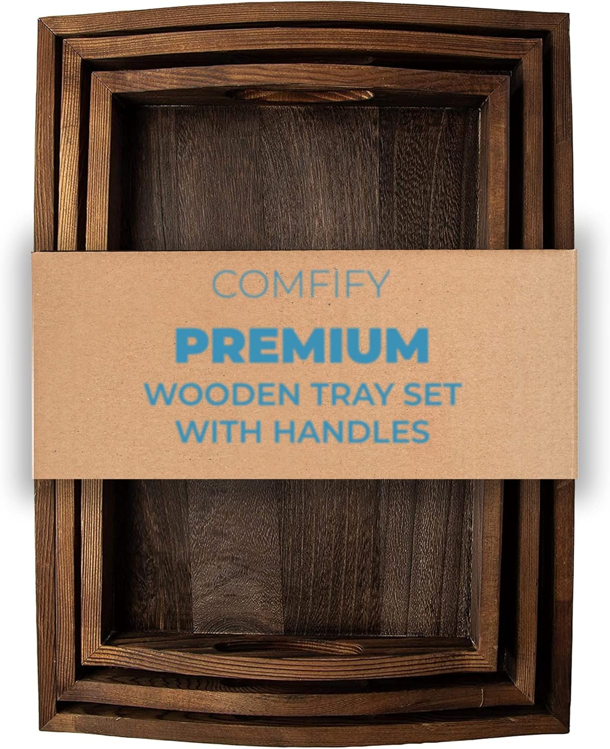 Bandejas de servir de madera rústicas con mango - Juego de 3 - Bandejas de servicio de anidamiento grandes, medianas y pequeñas - para desayunar, mesa de centro / bandejas de servicio de mayordomo