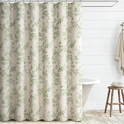 Awellife Beige Linen Shower Curtain,Sage Green Cotton Floral Cottagecore Spring Shower Curtain for Bathroom 72" W x 72" L