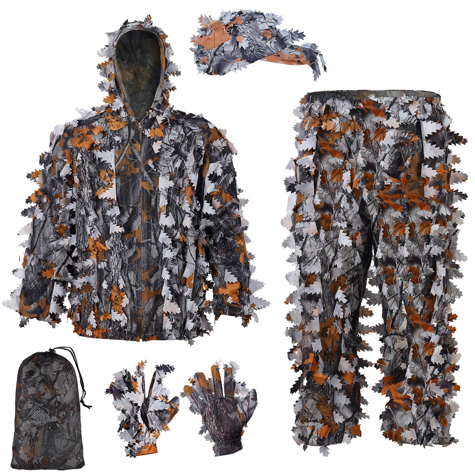 Zicac Unisex Orange Outdoor Ghillie Suit Camouflage 5-Piece Suit, 3D Leaf Camouflage Uniform, Mask, Gloves, Storage Bag Set, Suitable For Outdoor Hunting, Wildlife Photography, Cs Game, Halloween (, L)