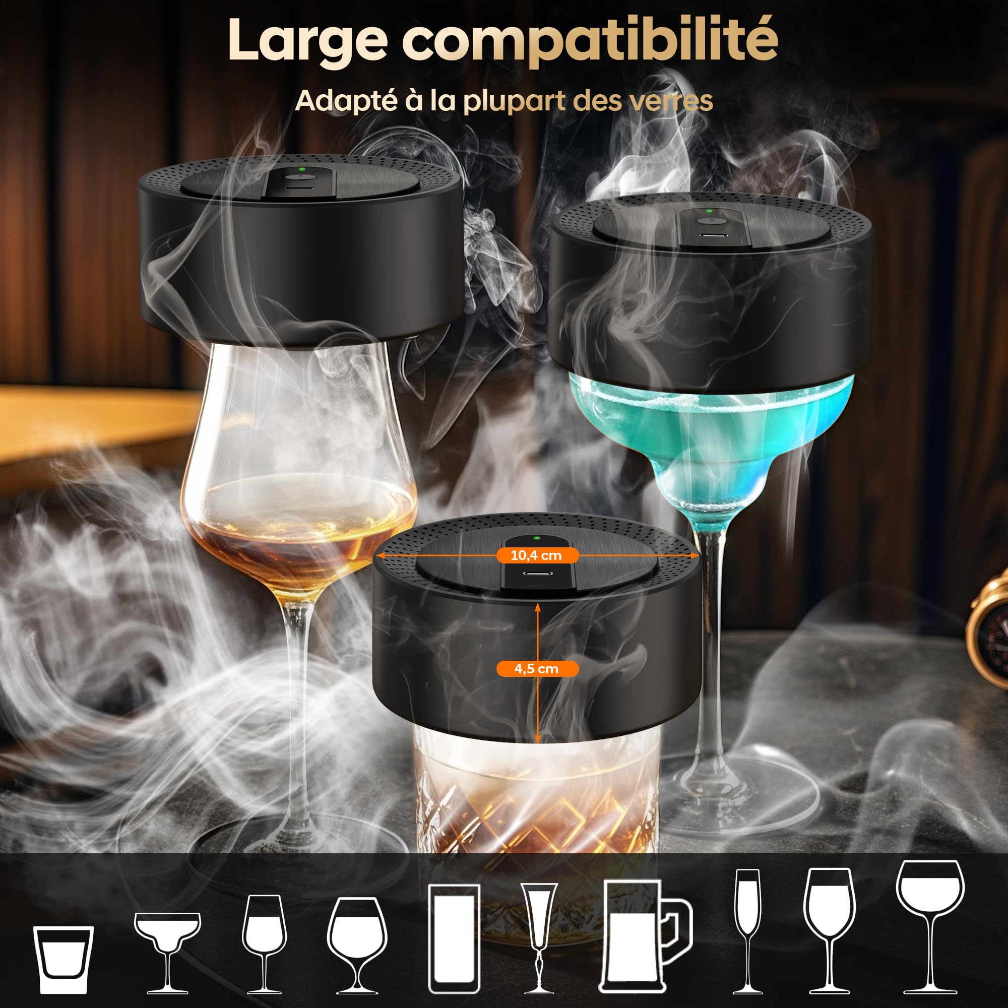 Kit Fumoir à Cocktail Électrique, Fumoir à Whisky à l'ancienne avec 8 Copeaux de Bois, Rechargeable USB-C sans Flamme pour Boissons, Bourbon, Cocktails, Vin, Café, Fromage, Cadeau Homme