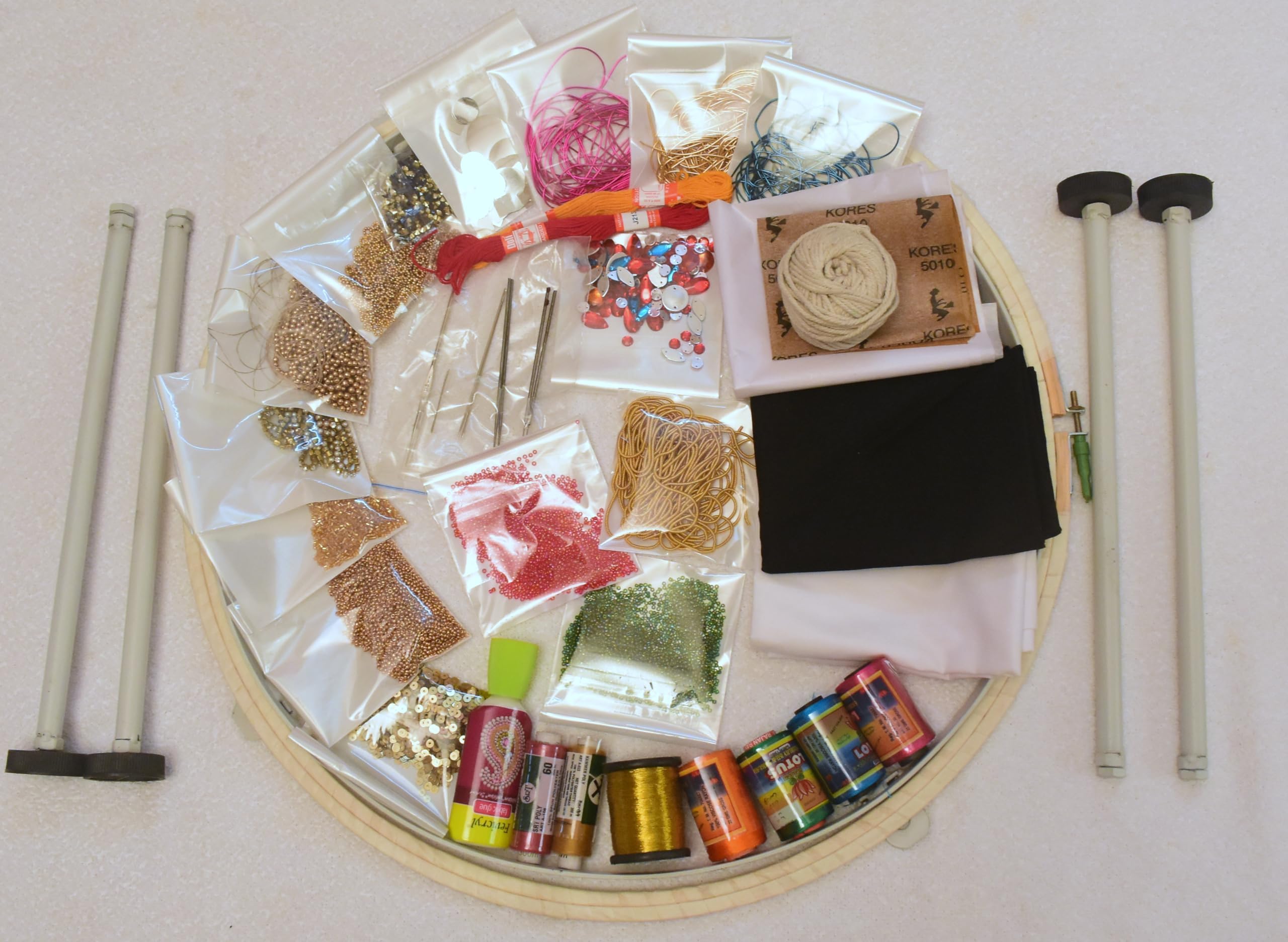 Prabhas Designs Aari Work Beginners Kit Material - Heavy 18 Inch Aari Stand with Wrapped Frame and 44 Items to Learn Basic and Advance Level Aari Embroidery