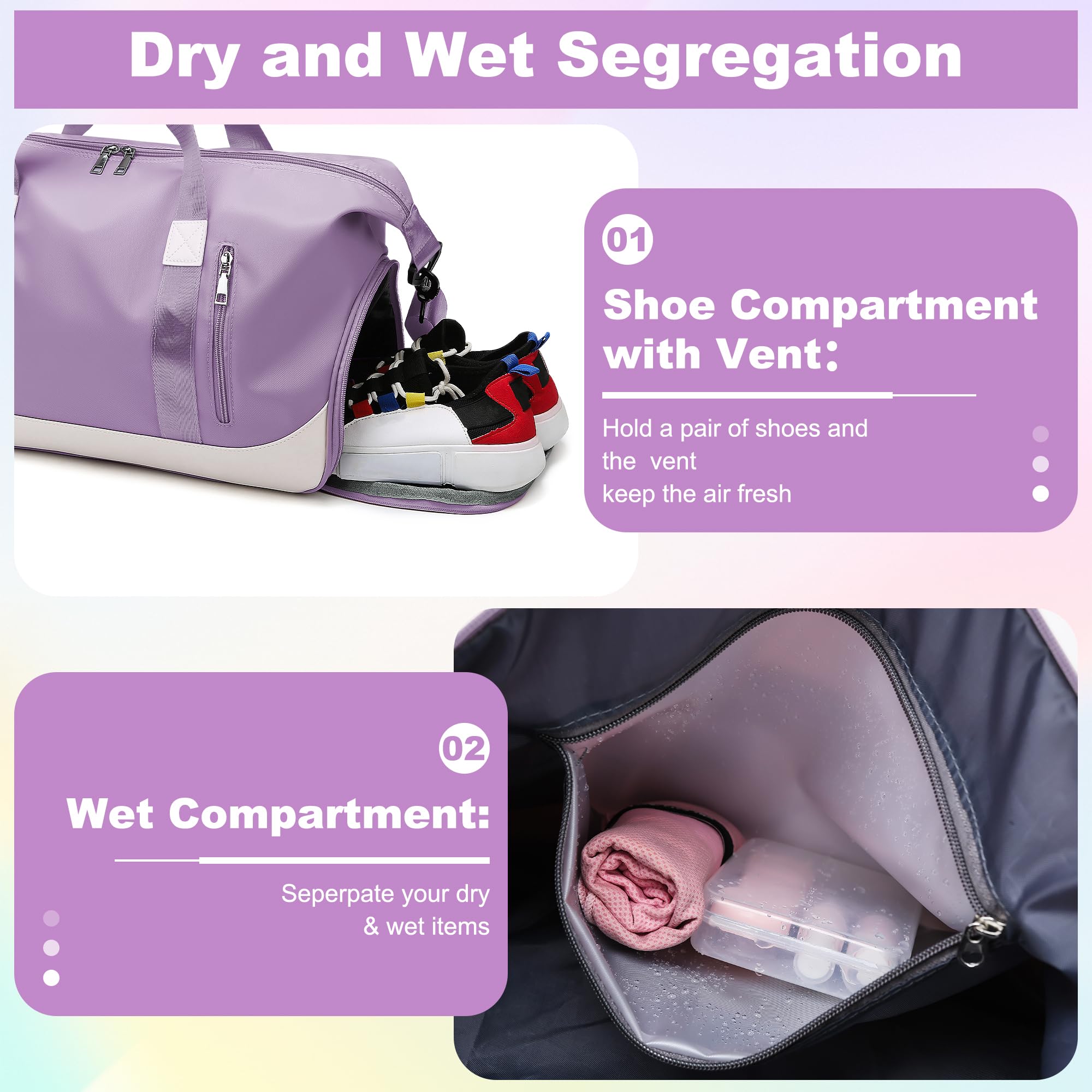 Borsone Palestra 40L Borsa da Viaggio Pieghevole Donna con Scomparto per Scarpe e Bagnato Impermeabili, Grande Borsa Sportiva Weekend Impermeabile Tote Travel Bag Per Piscina Sport Gym, Viola