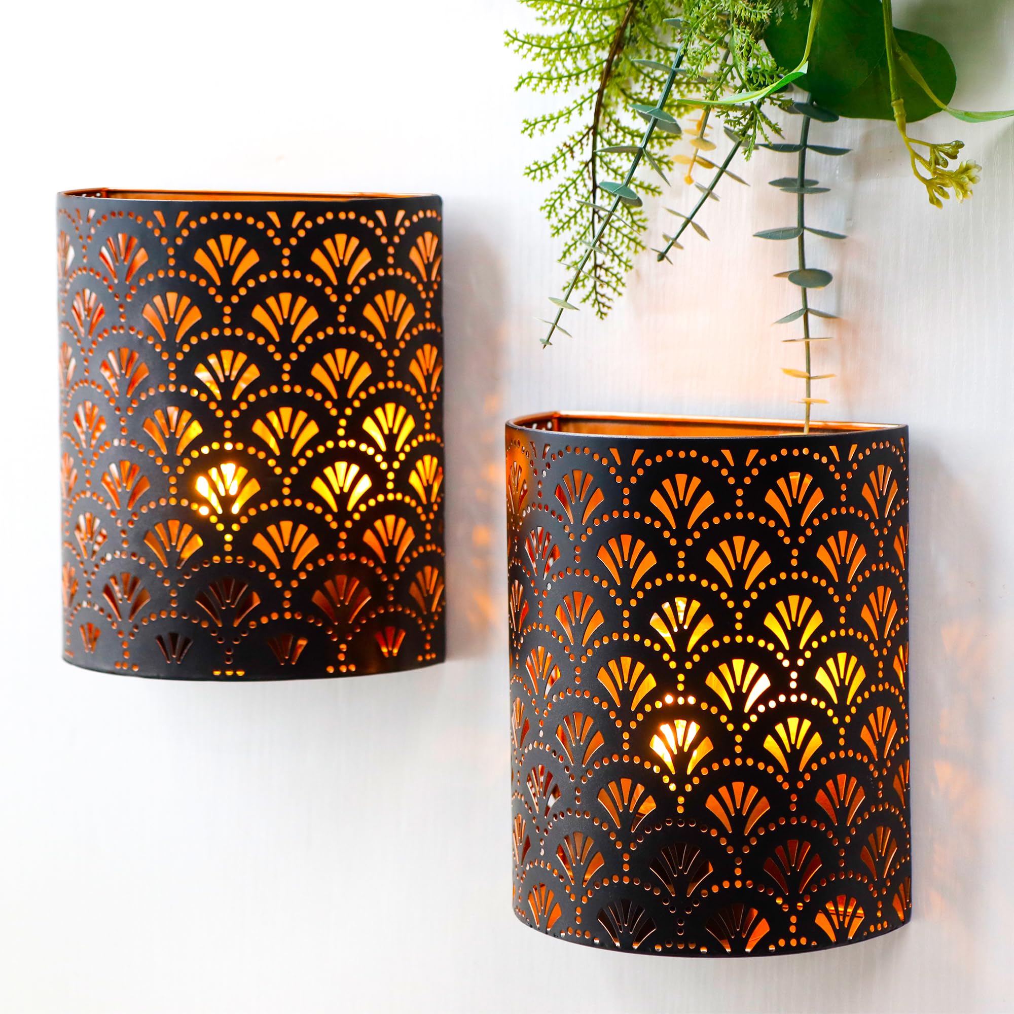 Jhy Design Flabellum Set Set Of 2 Battery Powered Lamp 20Cm H Wall Sconce Lighting Metal Rustic Wall Mount Lamp With 6-Hours Timer Wall Decor For Living Room Bedroom Hallway Stairway (Brown Flabellum)