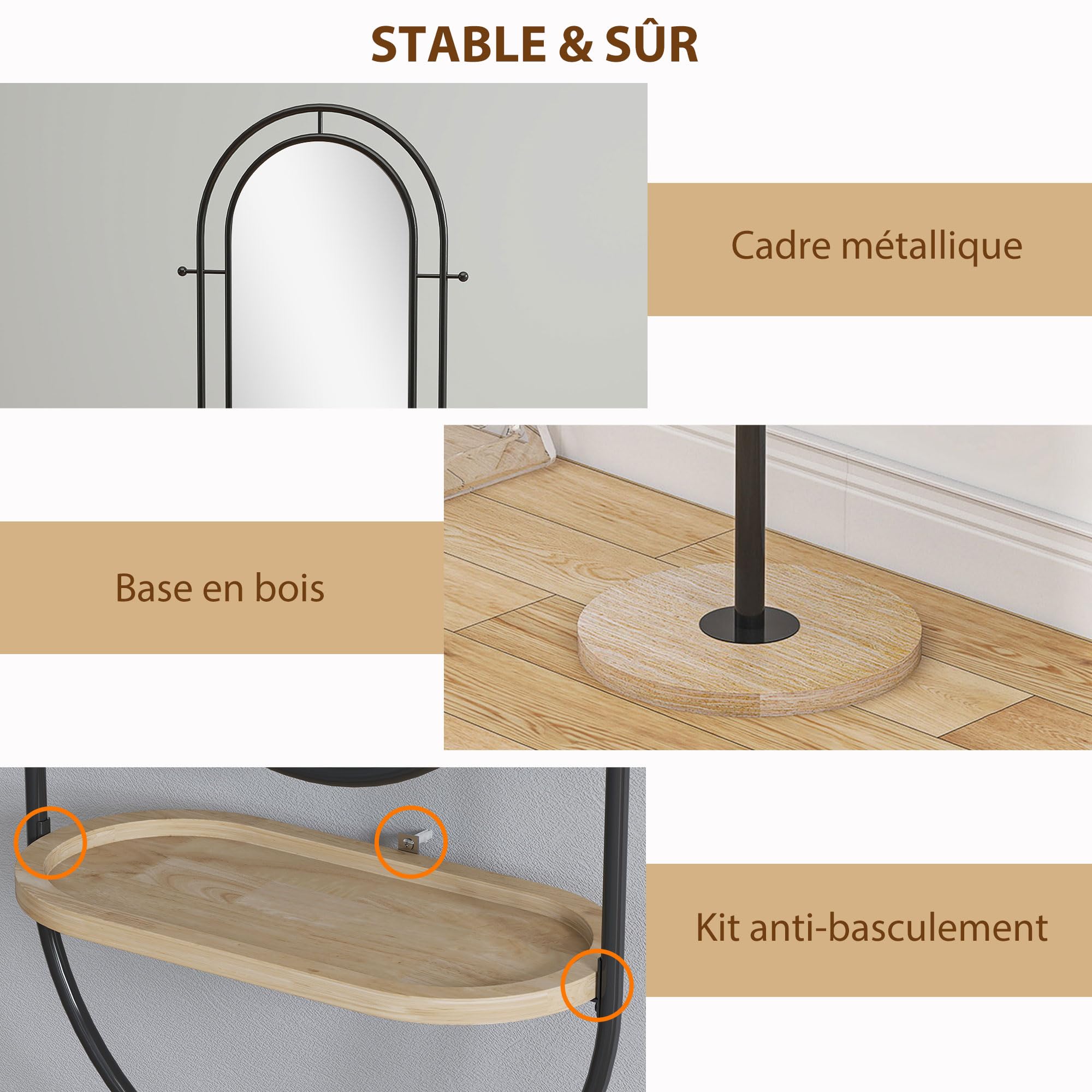 HOMCOM Miroir sur Pied Ovale avec Plateau en Bois 50 x 40 x 175,5 cm Noir