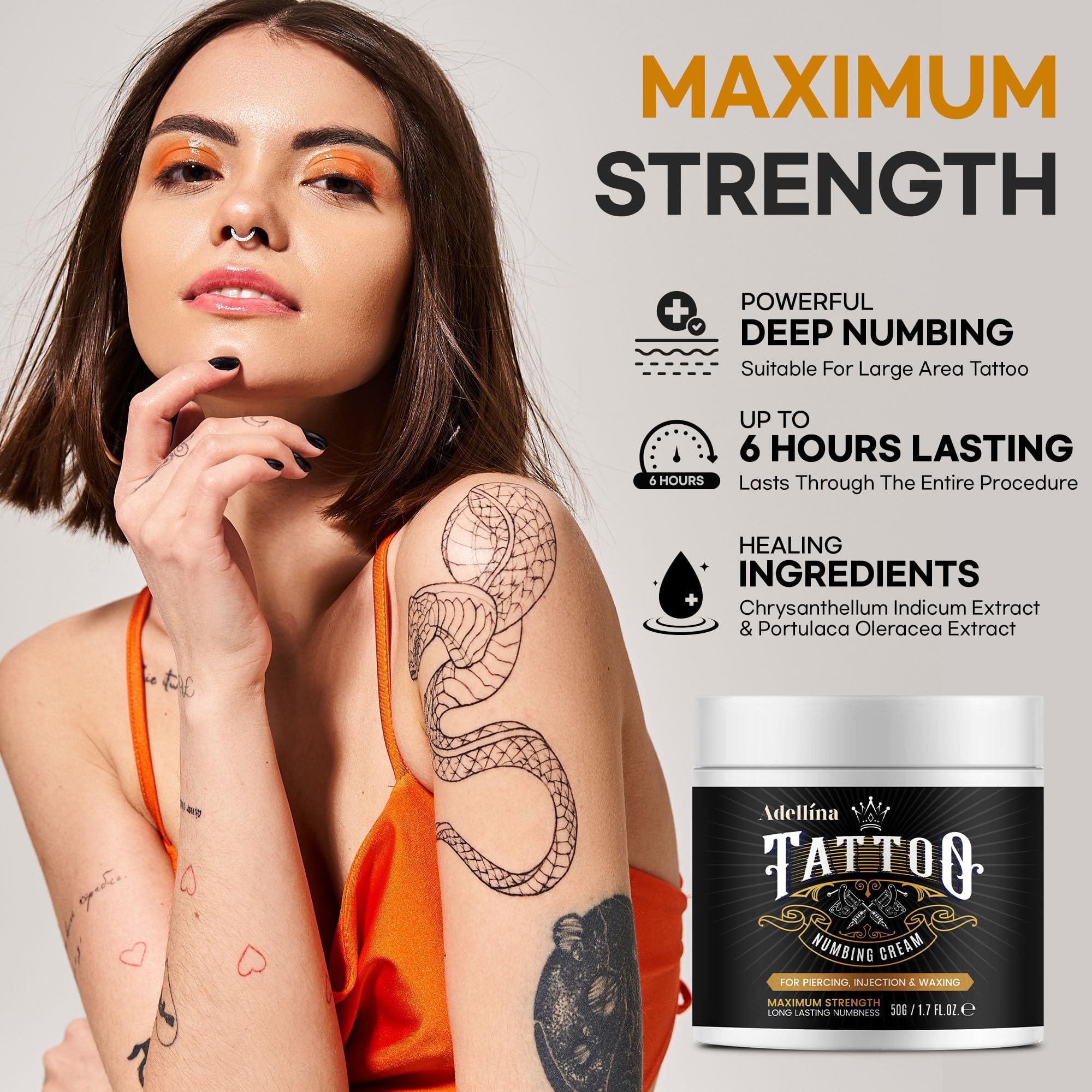Adellina Tattoo Numbing Cream for Tattoos, Maximum Strength Numbing Cream for Men and Women, 50g/1.7oz — view 2