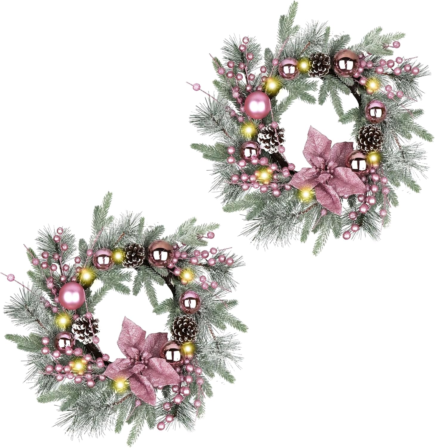 Pink Christmas Wreath 20 Inch Christmas Door Decorations Wreath Set of 2 with Christmas Balls, Pine Cones, Golden Twigs, Pine Needles and Silver Berries,Perfect for Front Door, Indoor Outdoor Use