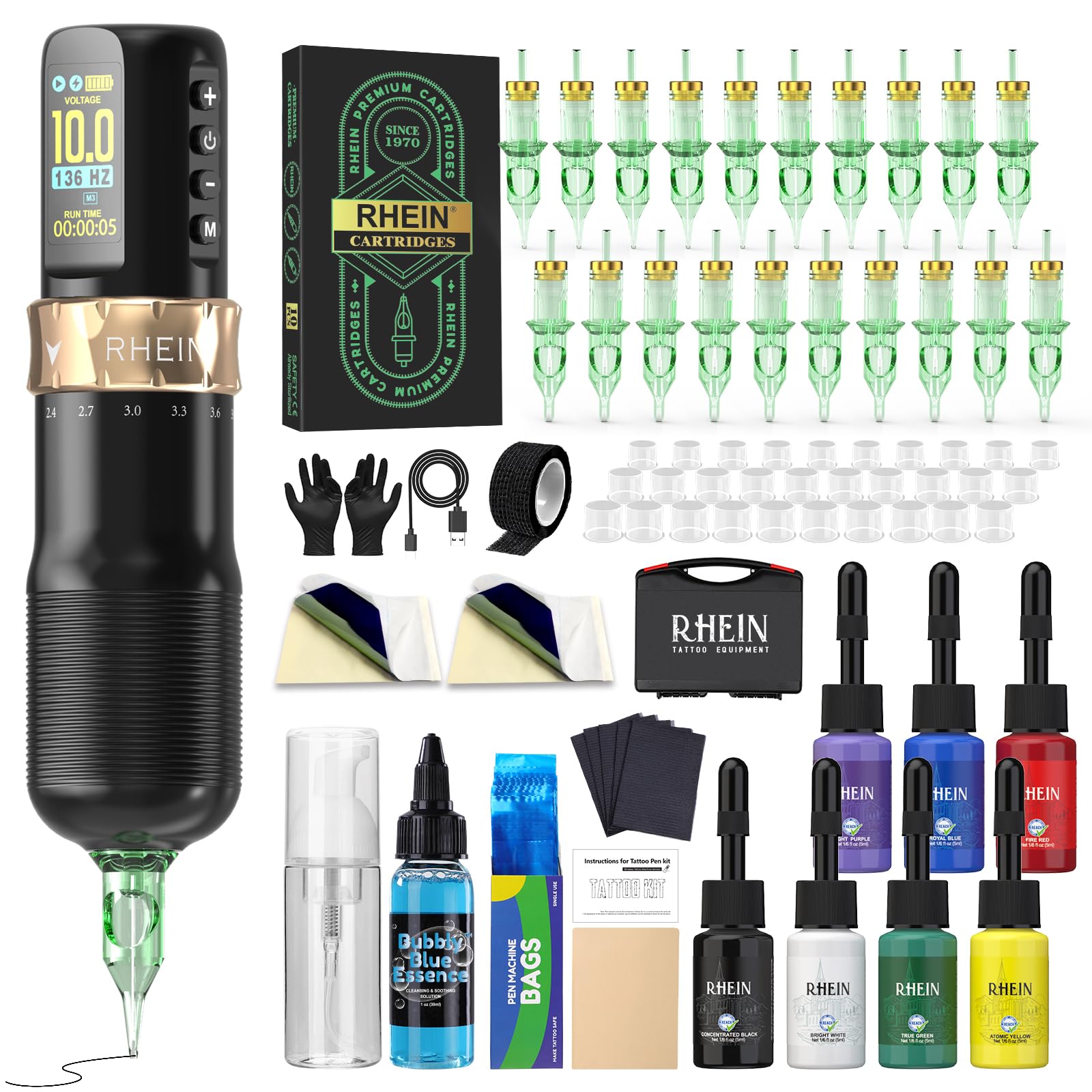 RHEIN Juego de máquina inalámbrica con batería de 1800 mAh, concentrador ajustable, bolsa de transporte, 20 agujas, 7 colores, inalámbrico, juego completo de accesorios RN-TKE602AEU-1