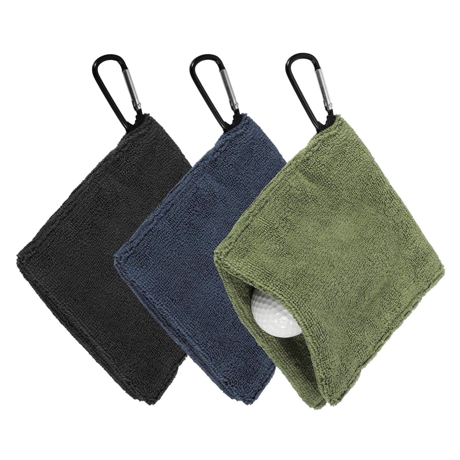 YELARXI Golf Ball Towel, 5.5 x 5.5 Inch Microfiber Small Golf Towel for Pocket with D Clip, 3 Pack & Army Green & Navy Blue & Black - Fitting For(Carts/Clubs/Bags/Course Exercise)