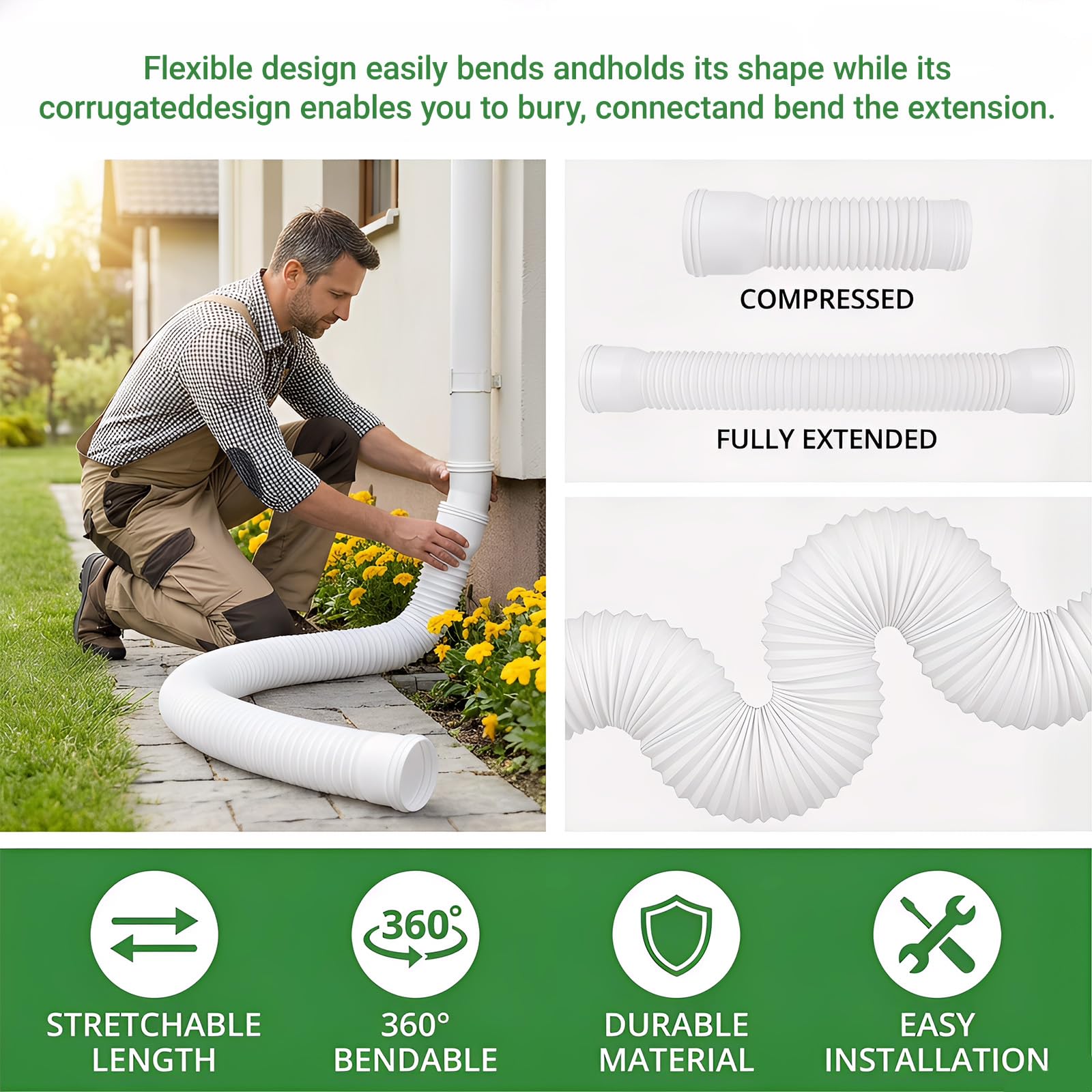 1 pezzo di prolunga flessibile per grondaie, forma circolare, per tubo di scarico da 80/100 mm, estensibile da 47 a 150 cm (bianco, 1 pezzo)